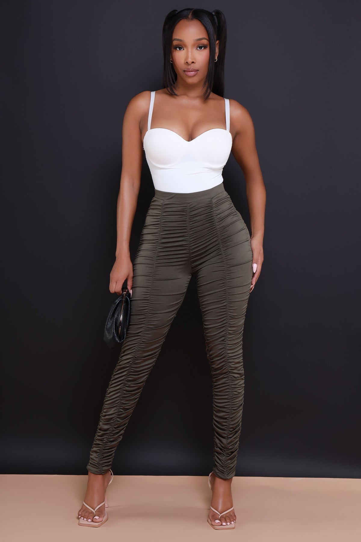 
              Be Honest Ruched High Waist Pants - Olive Stretch - Swank A Posh
            