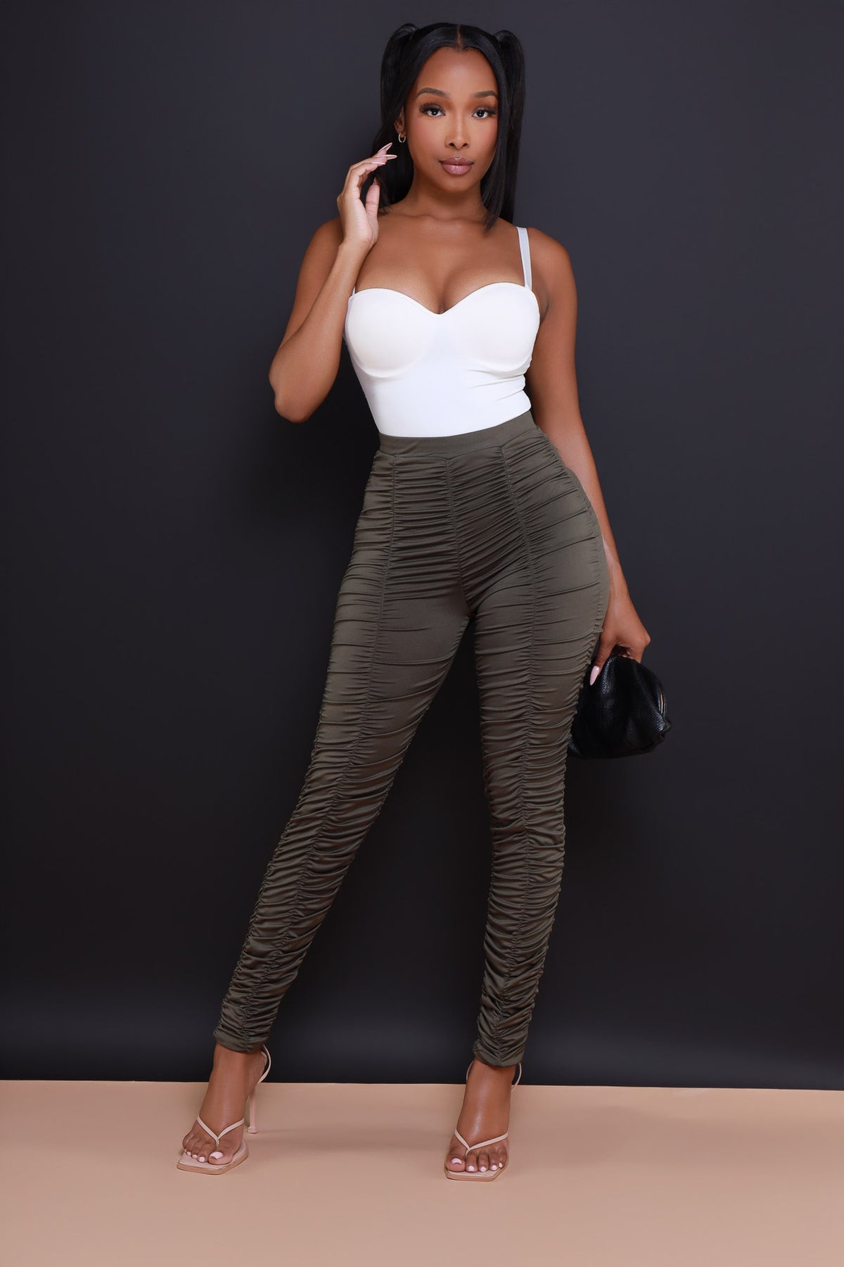 
              Be Honest Ruched High Waist Pants - Olive Stretch Leggings - Swank A Posh
            