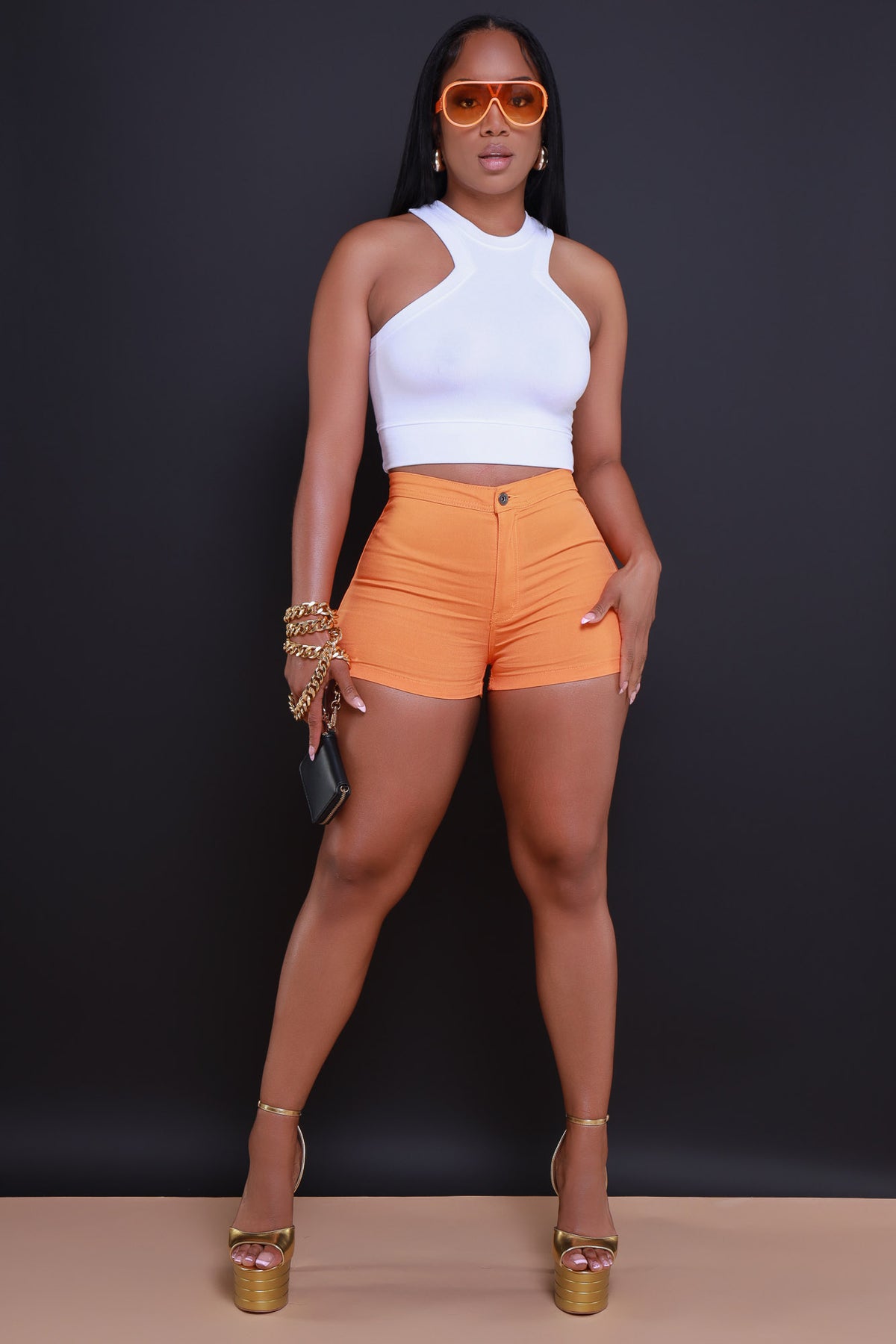 
              Ace High Waist Stretchy Shorts - Neon Orange - Swank A Posh
            