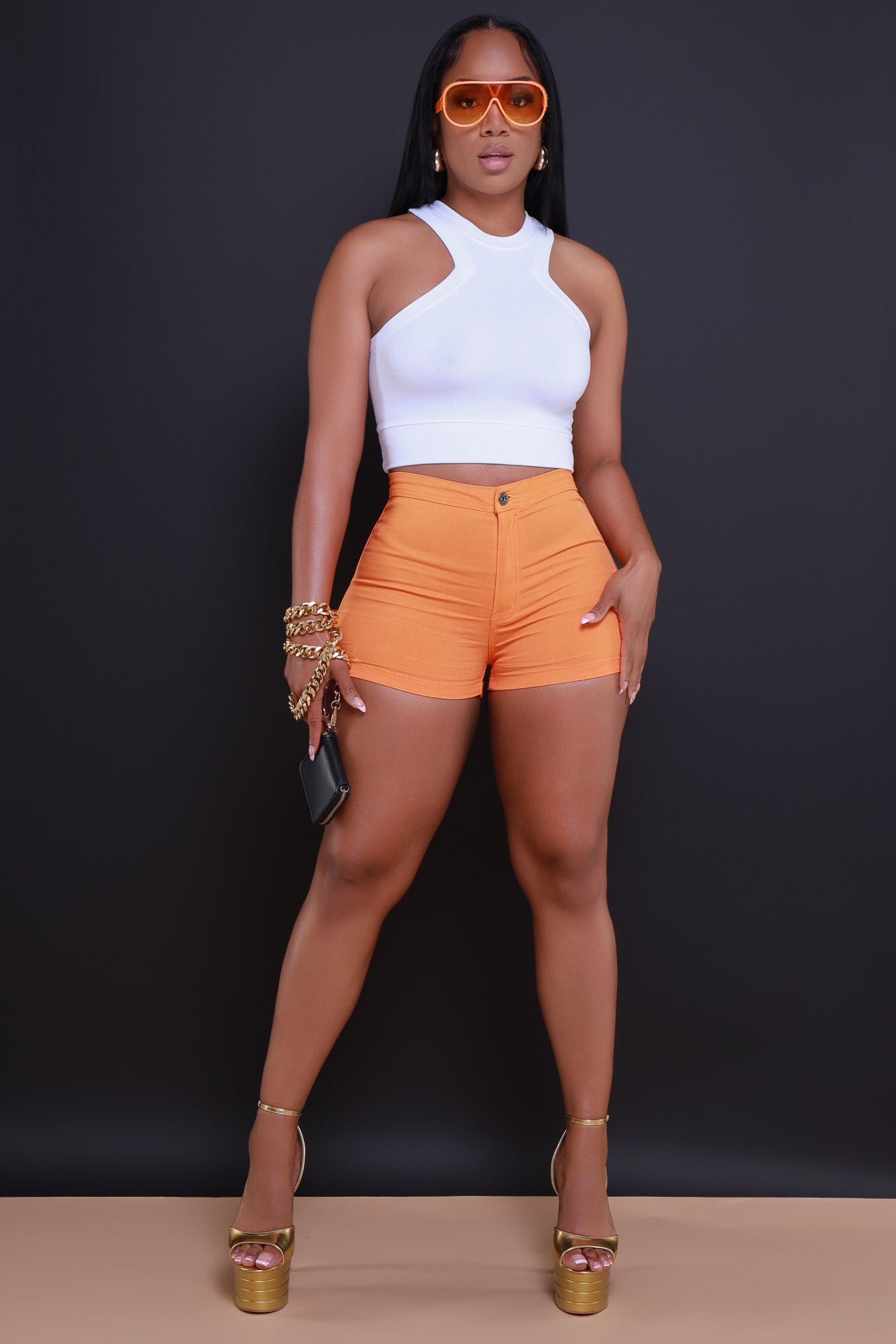 Super Swank High Waist Stretchy Shorts - Neon Orange - Swank A Posh