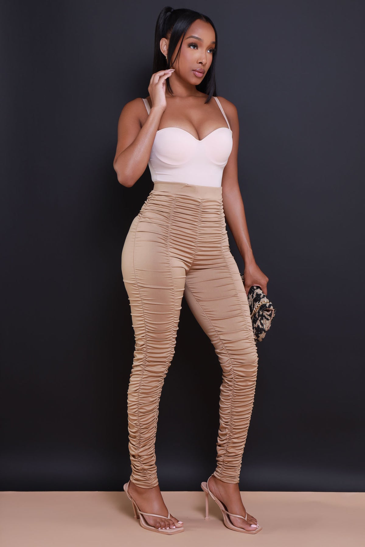 
              Be Honest Ruched High Waist Pants - Champagne Stretch Leggings - Swank A Posh
            