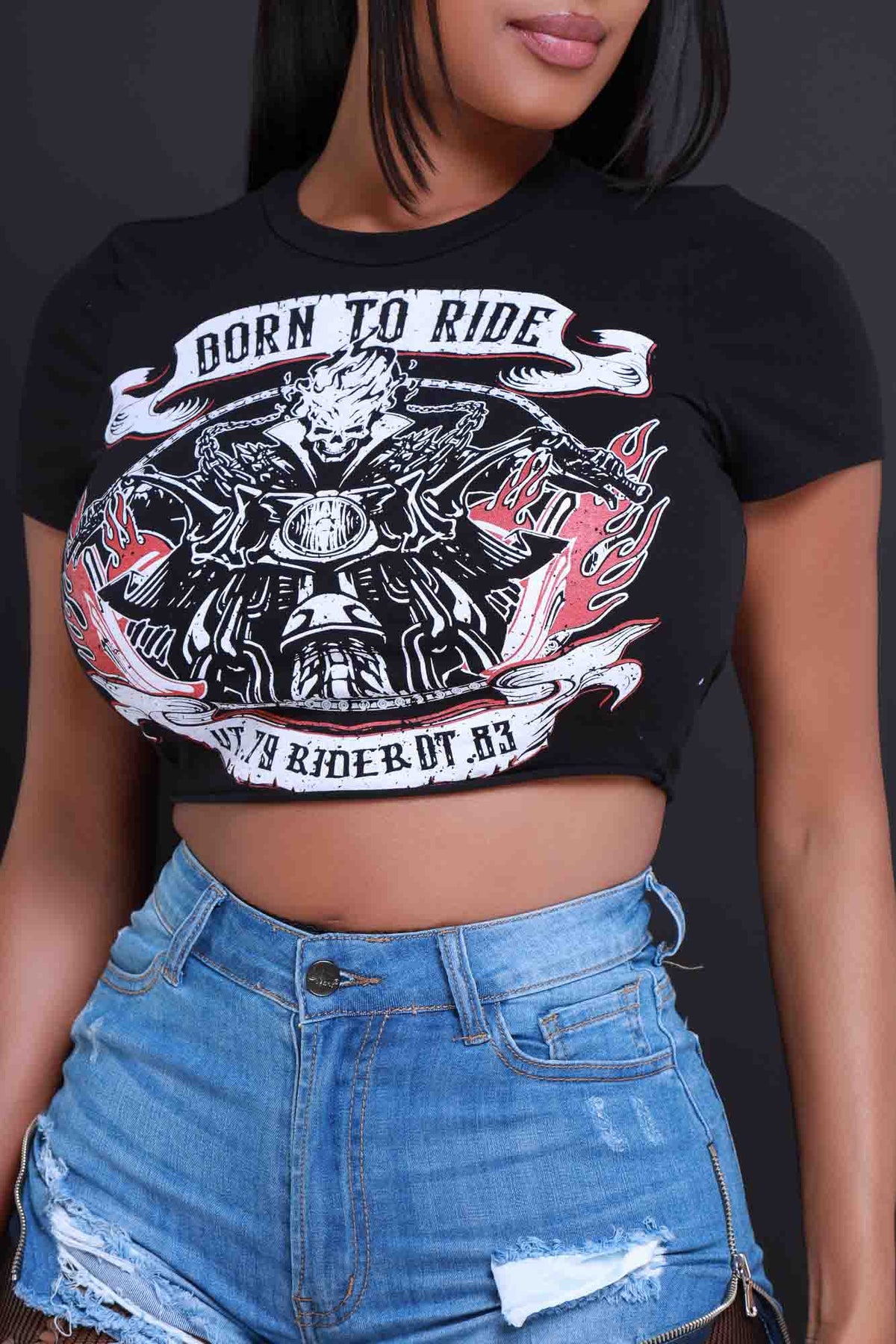 
              Born To Ride Graphic Print Cropped Cut Out T-Shirt - Black - Swank A Posh
            