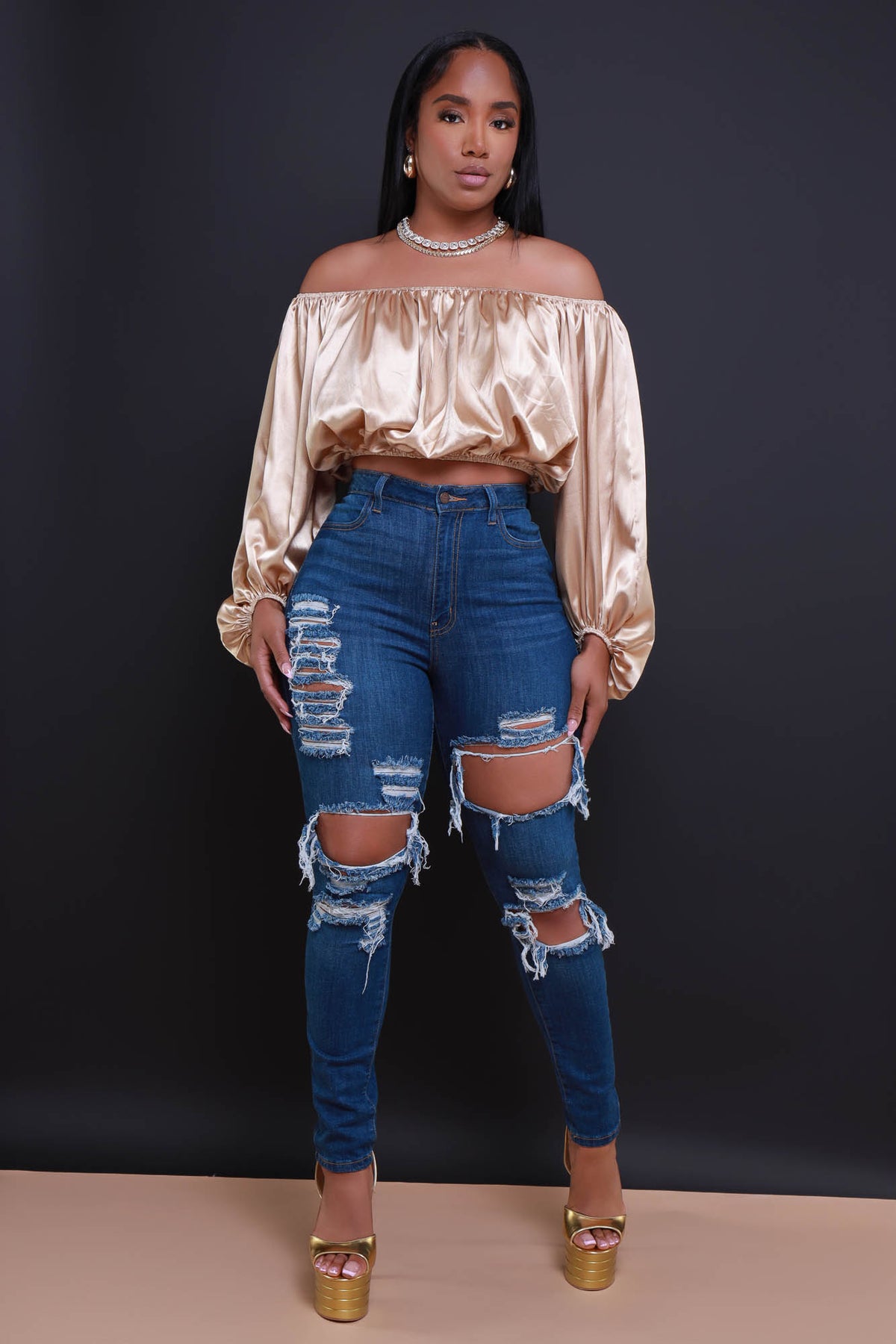 tetraeder Automatisering Sind All For You Off The Shoulder Crop Top - Champagne - Swank A Posh