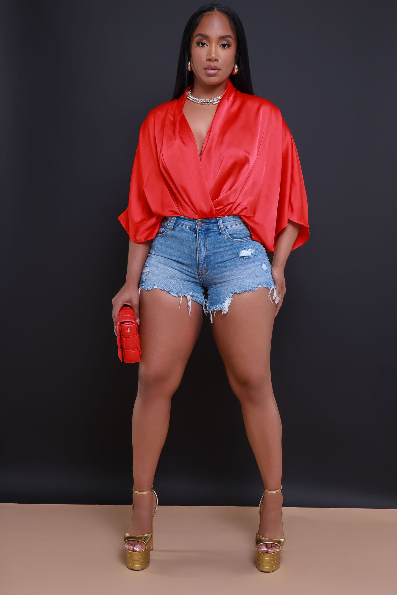 Unity Satin Draped Oversized Blouse - Red - Swank A Posh
