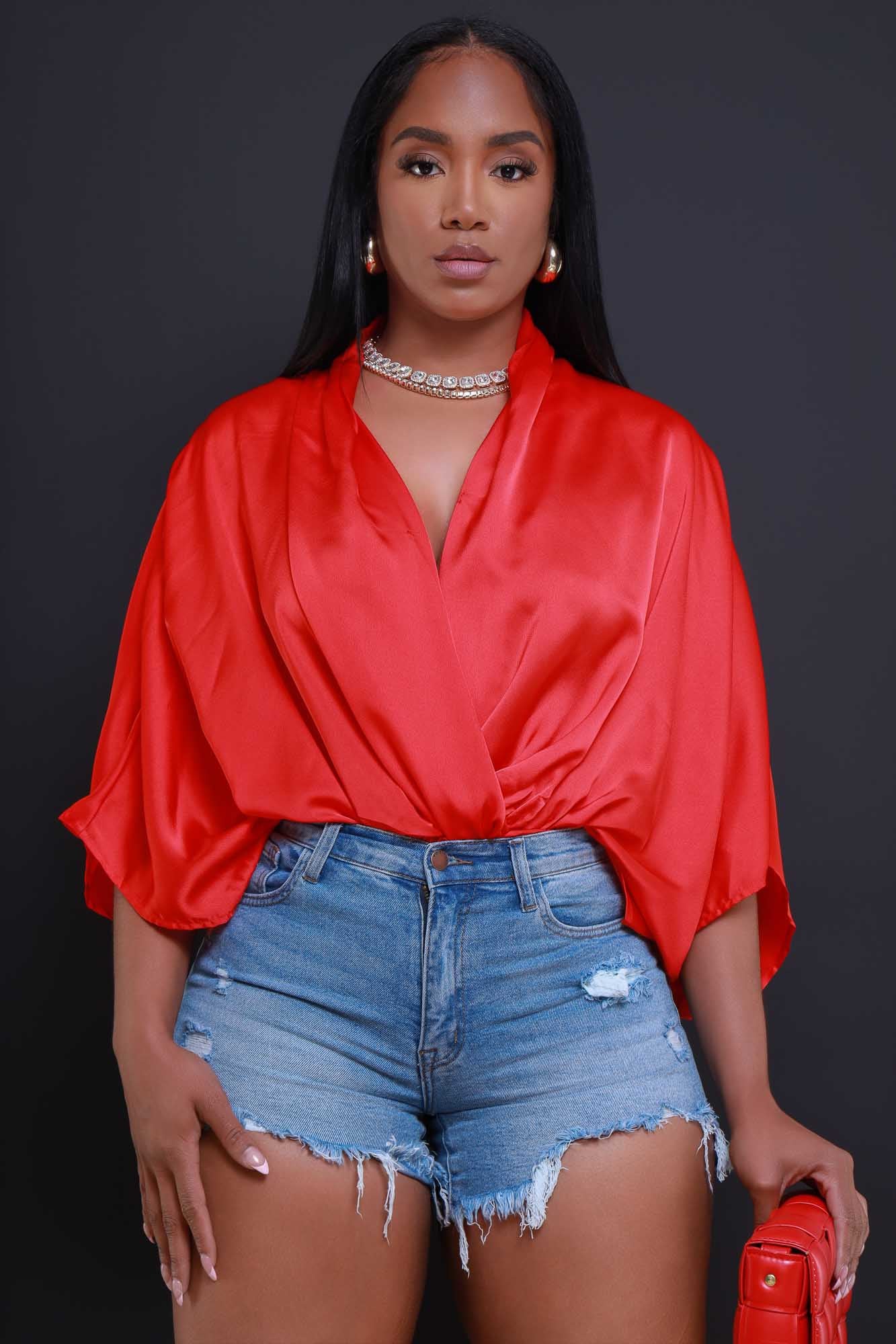 Unity Satin Draped Oversized Blouse - Red - Swank A Posh