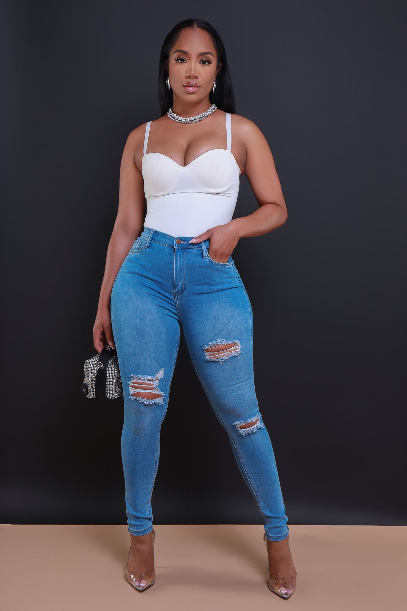 On A Dime Distressed Stretchy Skinny Jeans - Medium Wash - Swank A Posh