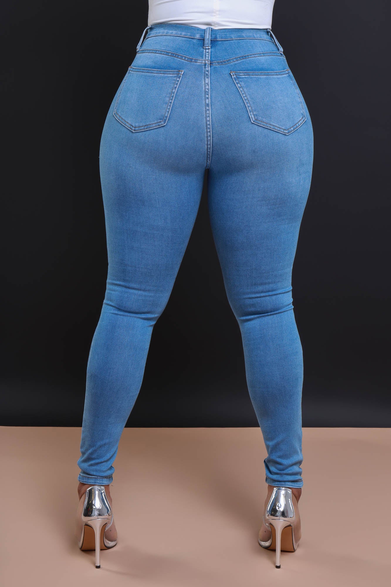 On A Dime Distressed Stretchy Skinny Jeans - Medium Wash - Swank A Posh