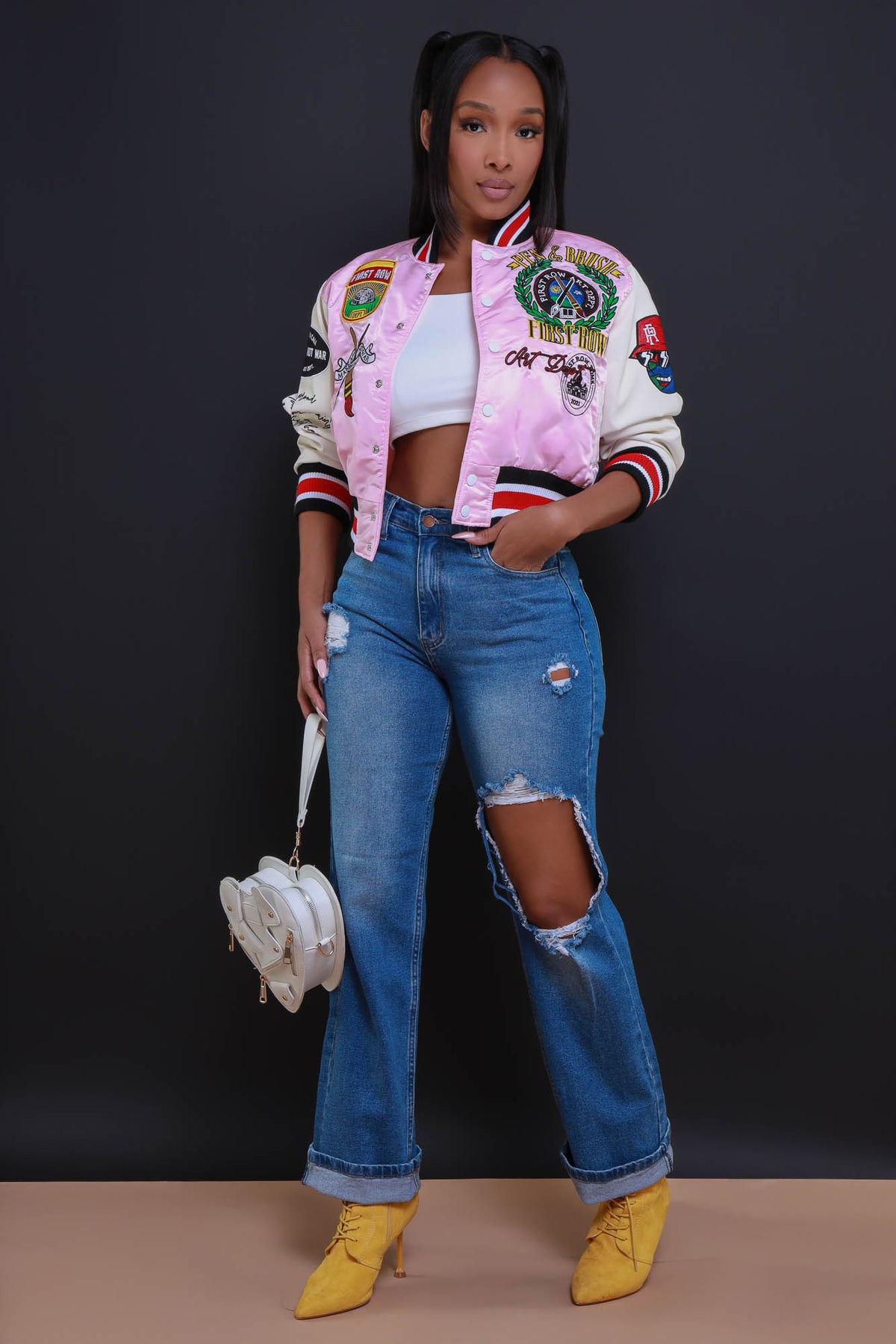 
              Best In Class Cropped Faux Leather Varsity Jacket - Pink/White - Swank A Posh
            