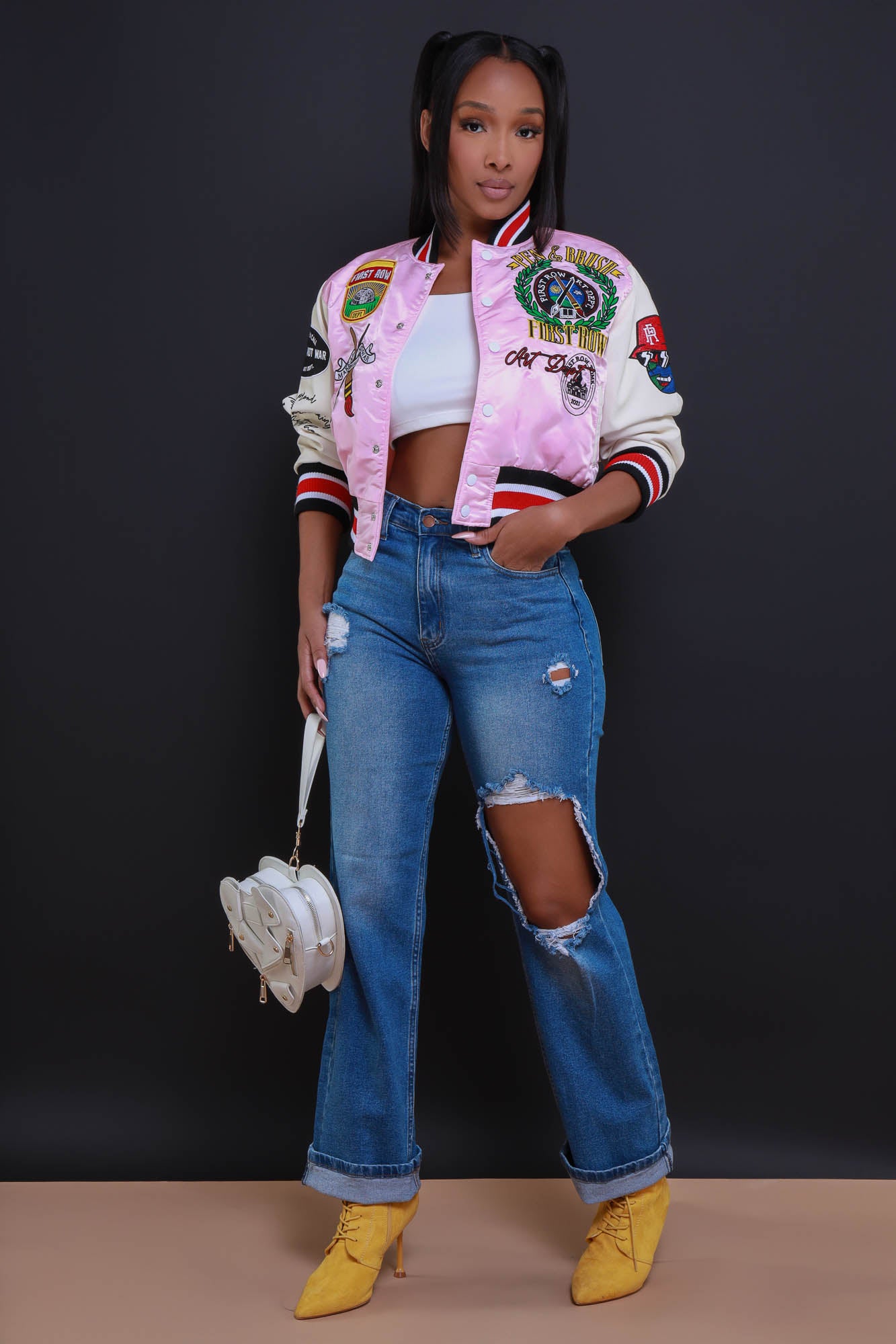 Best In Class Cropped Faux Leather Varsity Jacket - Pink/White