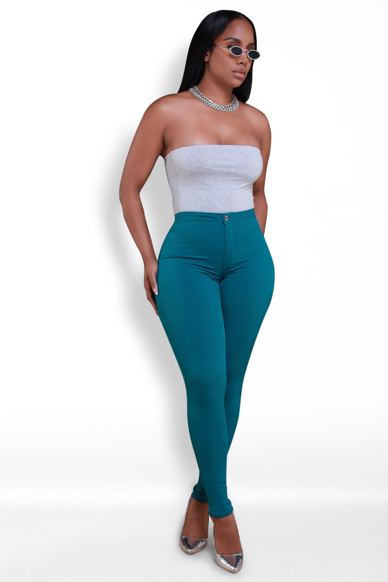 Super Swank High Waist Stretchy Jeans - Dark Teal - Swank A Posh