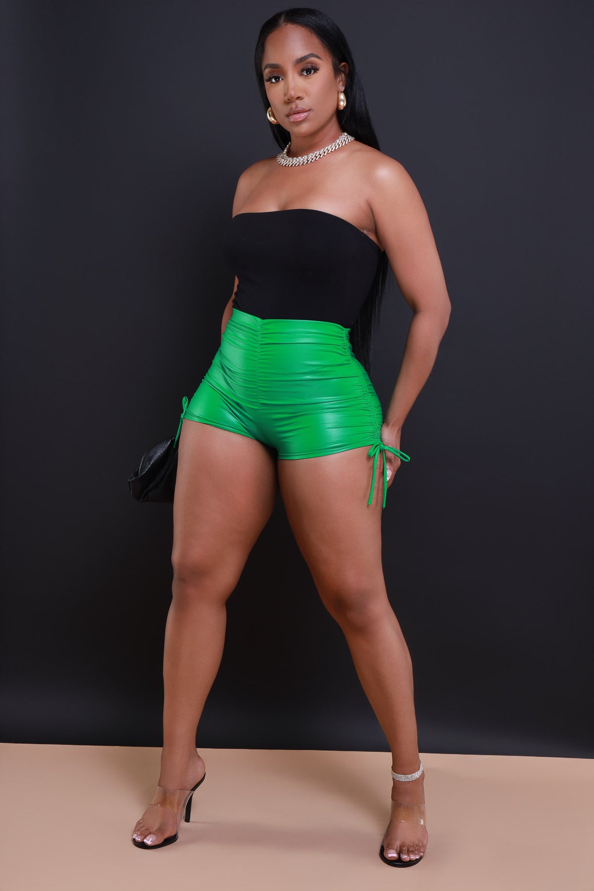 
              Green Screen Faux Leather Ruched Shorts - Kelly Green - Swank A Posh
            