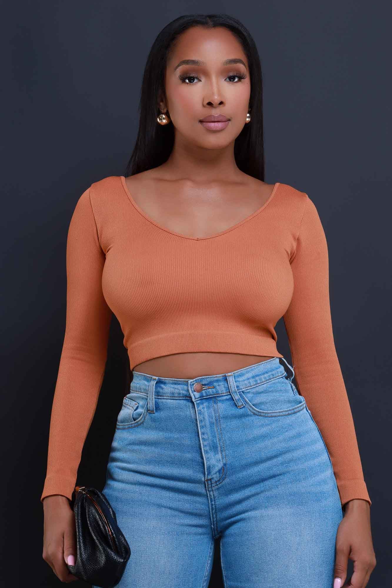 Vibe Check Ribbed V-Neck Crop Top - Copper - Swank A Posh