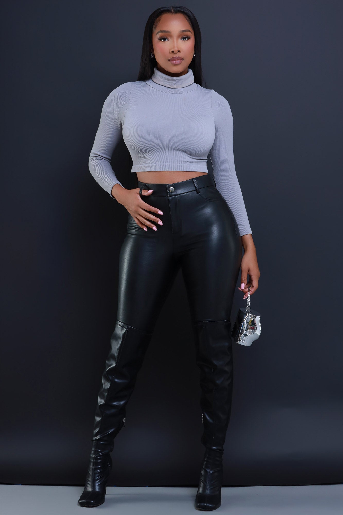 Swank A Posh on Call Ribbed Turtleneck Crop Top - Grey One Size (0-16)