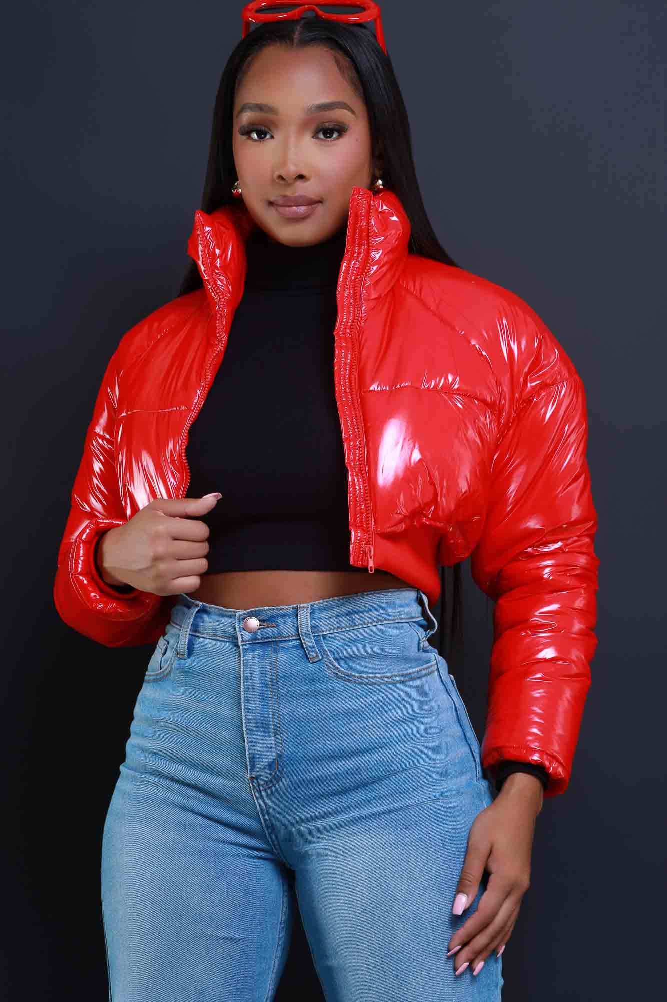 Blast Off Cropped Latex Puffer Coat - Red
