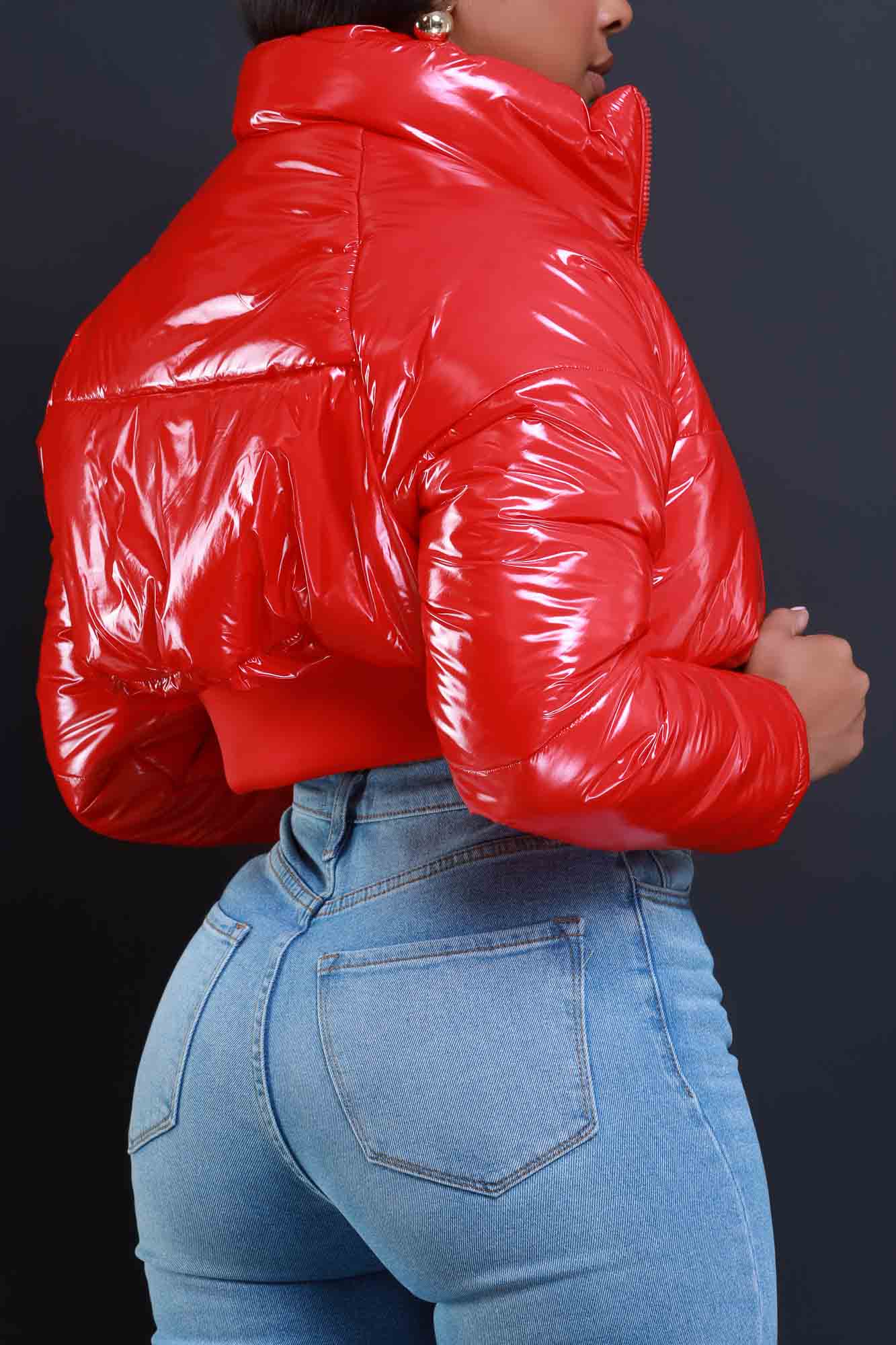 Blast Off Cropped Latex Puffer Coat - Red