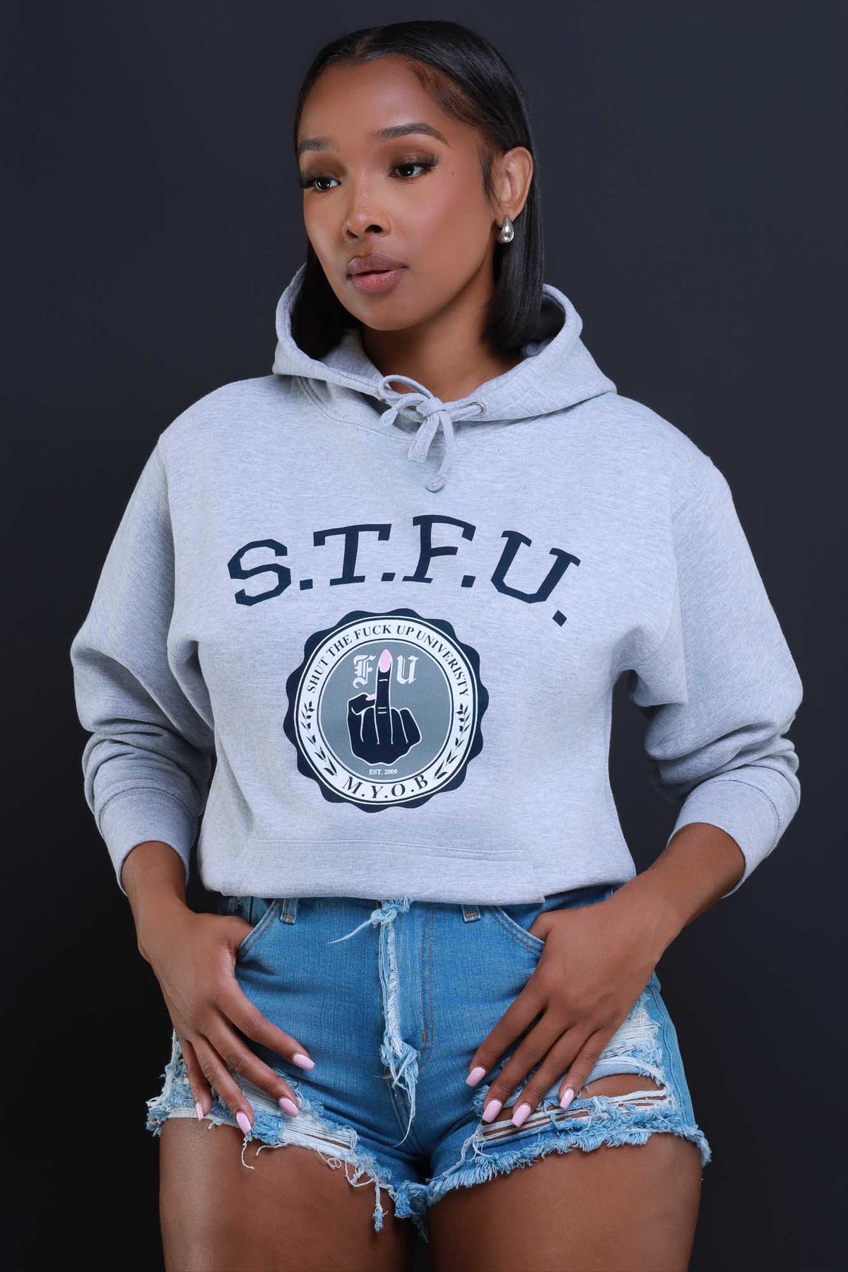 
              STFU Graphic Pullover Hooded Sweatshirt - Heather Grey - Swank A Posh
            