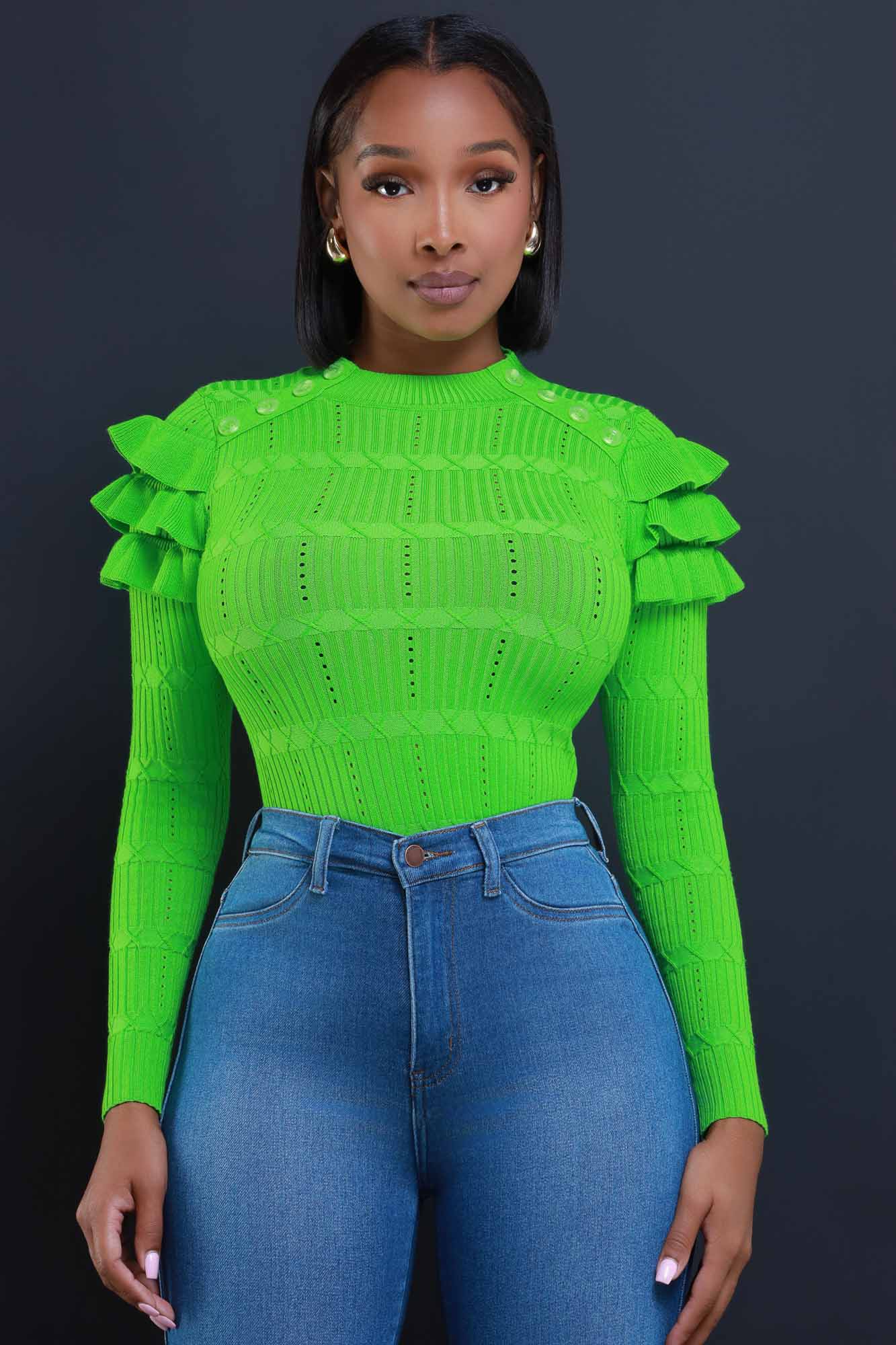 Maybe Not Ruffle Shoulder Turtleneck Sweater - Green