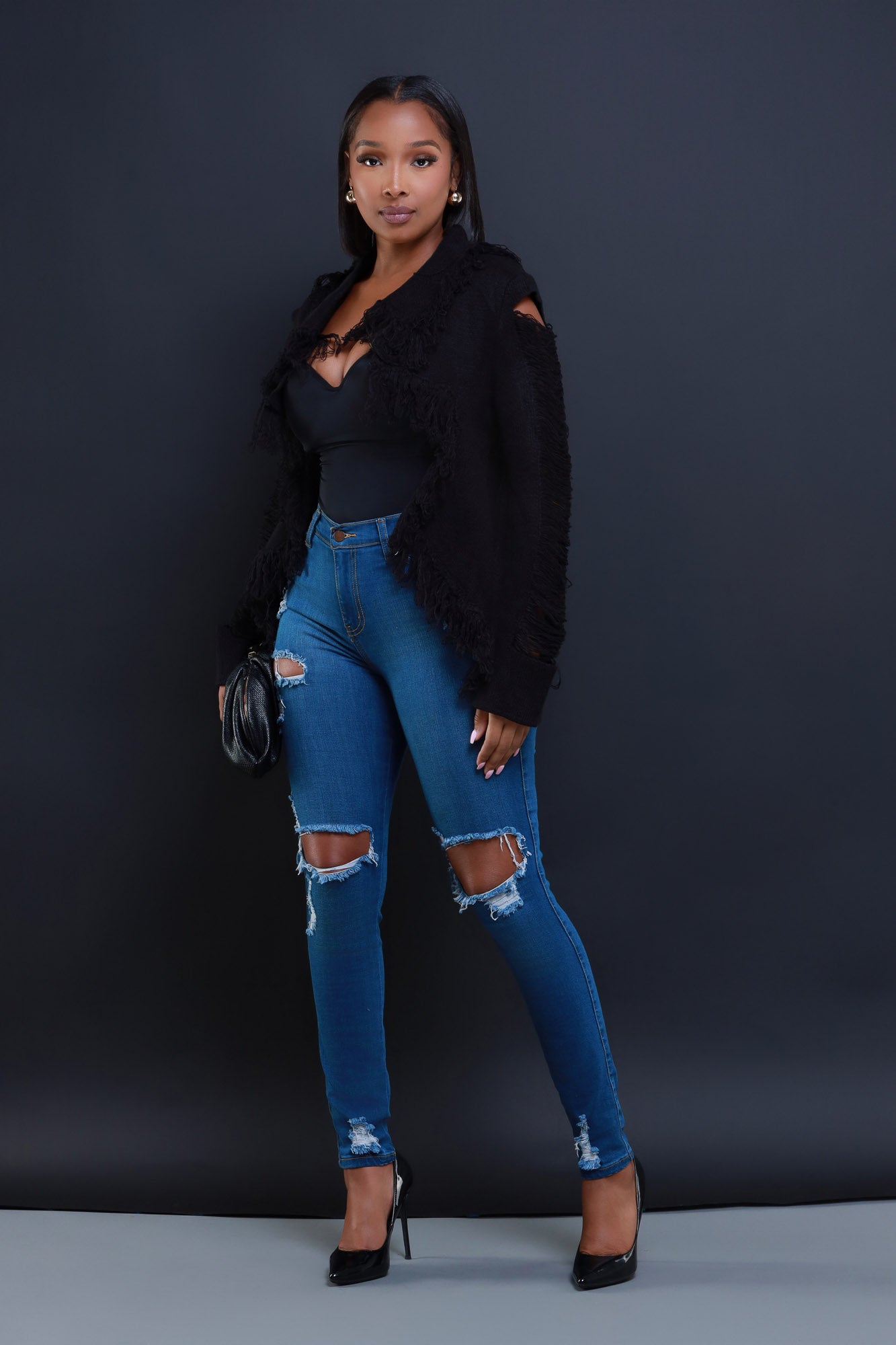 Weekend Warrior Distressed Fringe Cardigan - Black - Swank A Posh