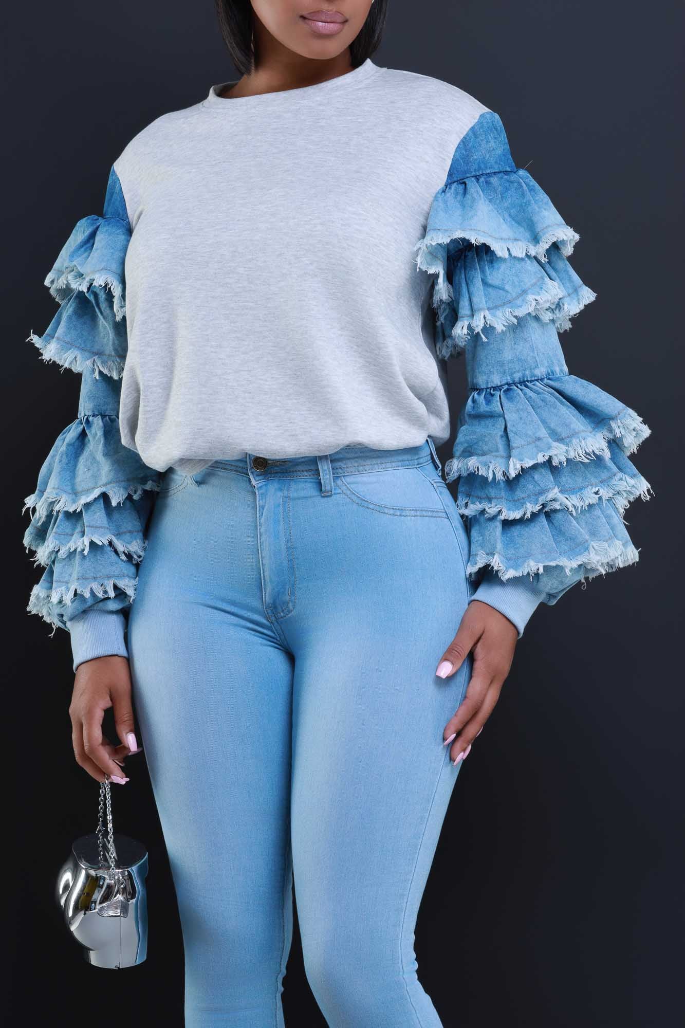 denim ruffle sleeve shirt