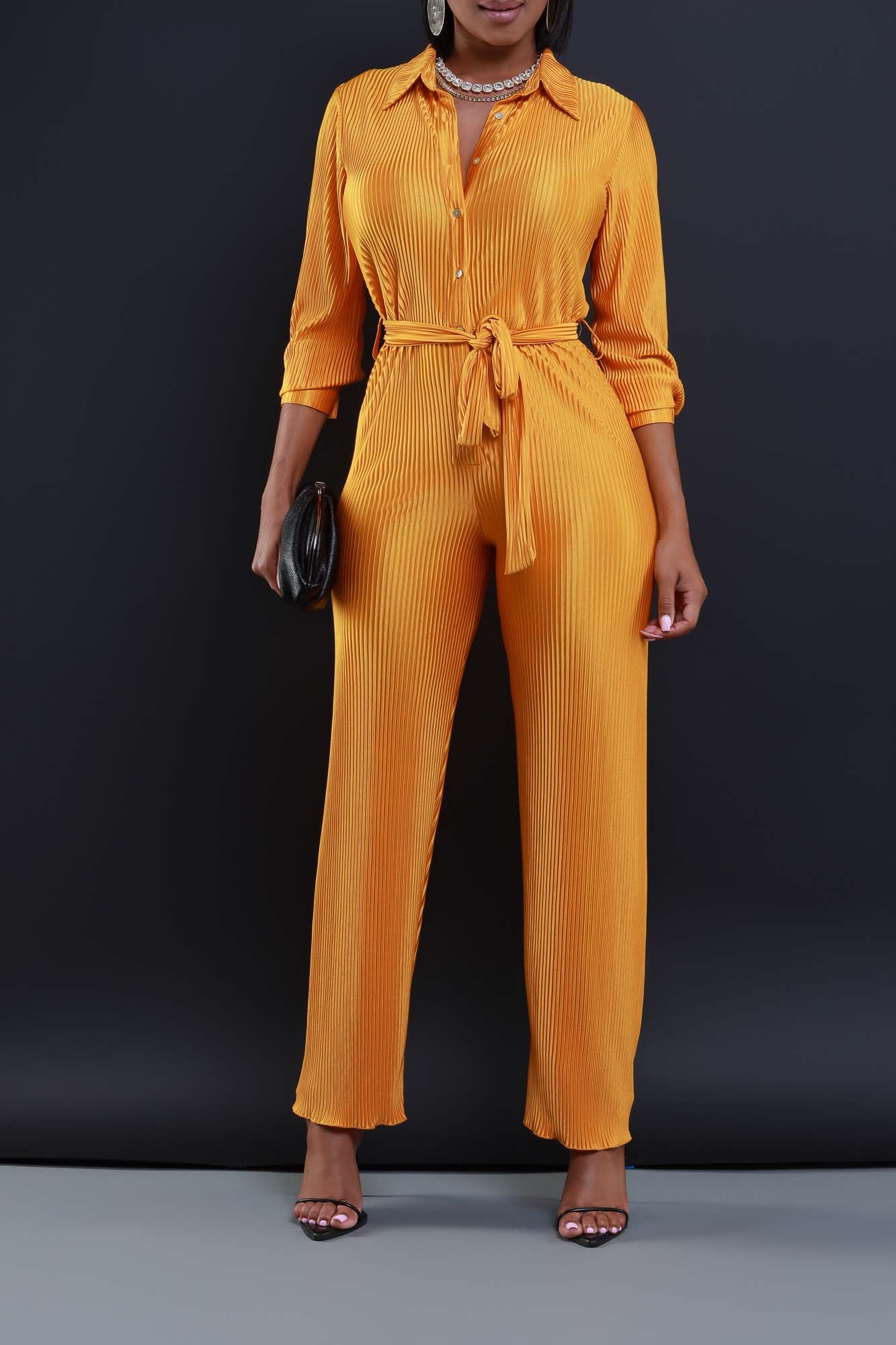 Hey You Crinkled Button Down Jumpsuit - Mustard - Swank A Posh