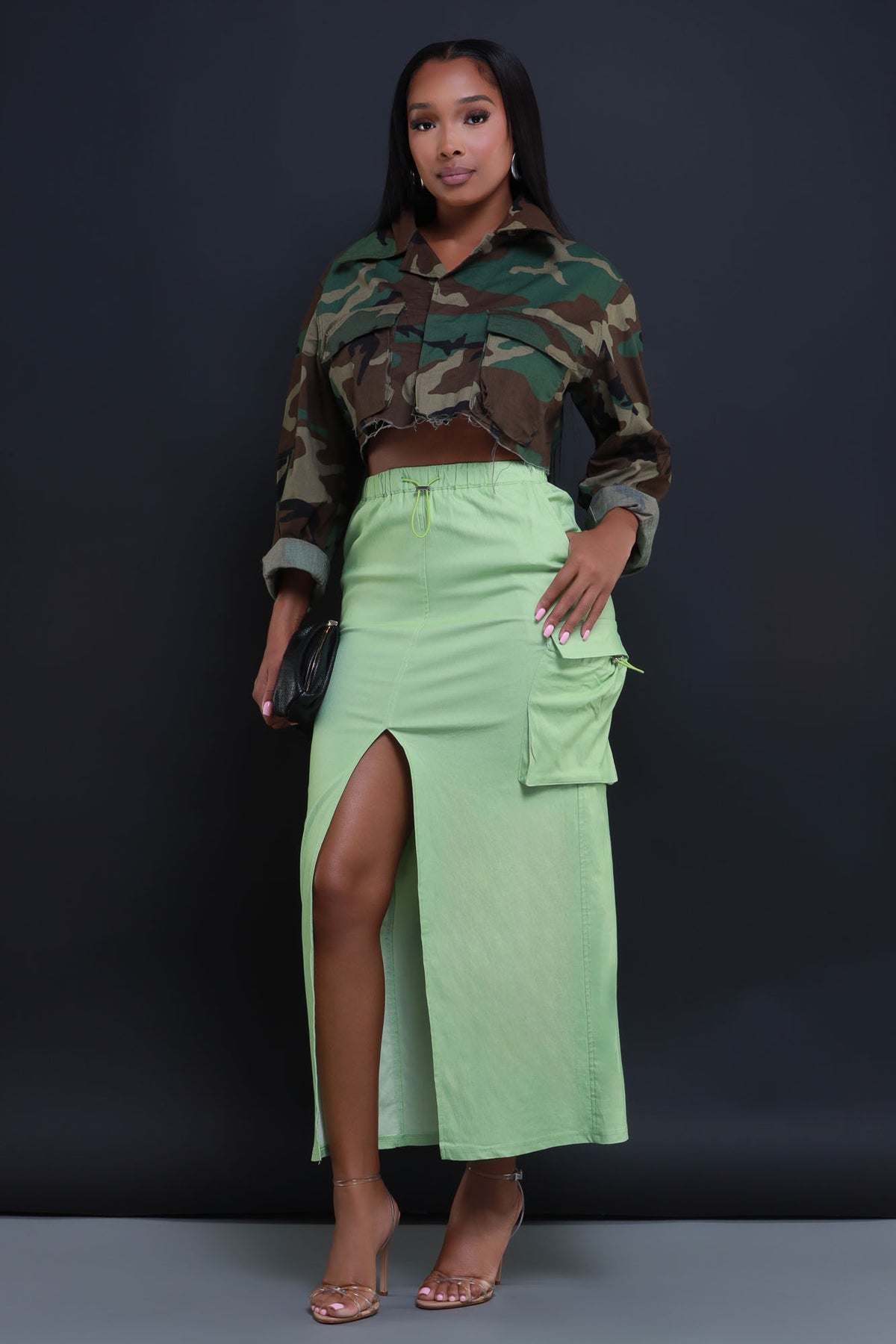 
              We Cool High Rise Cargo Maxi Skirt - Green - Swank A Posh
            