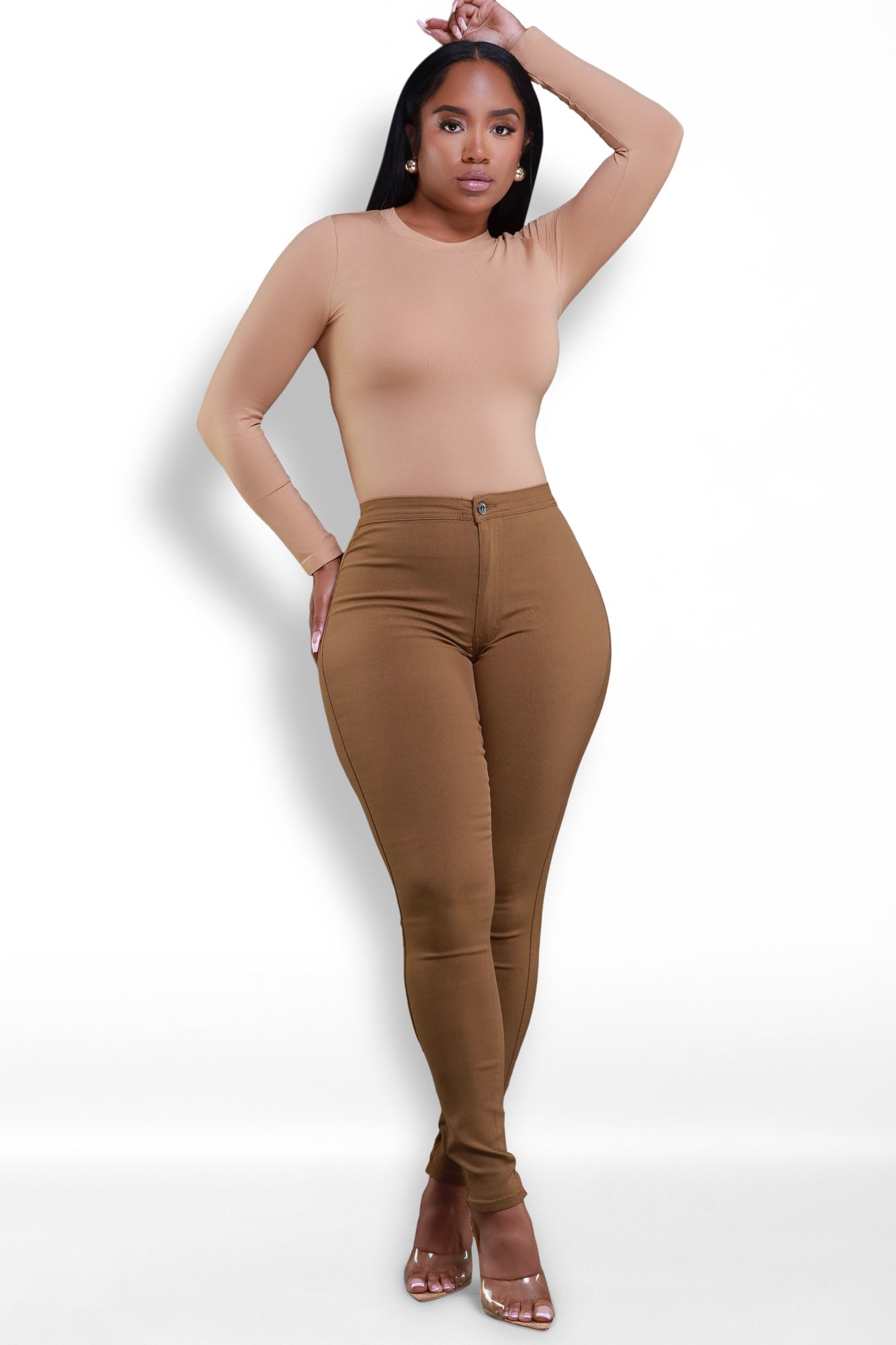 Super Swank High Waist Stretchy Jeans - Mocha - Swank A Posh