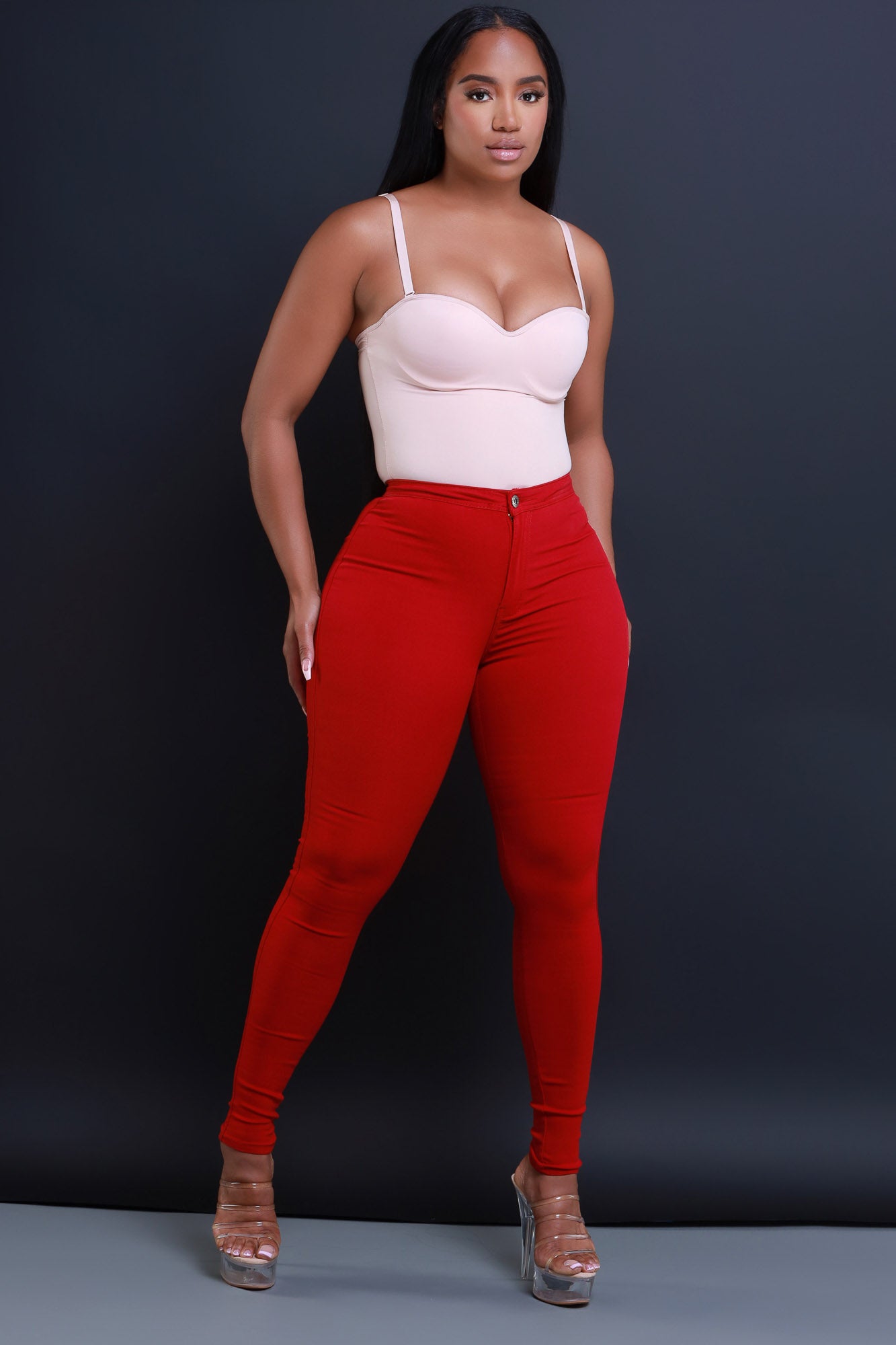 Super Swank High Waist Stretchy Jeans - Burgundy - Swank A Posh