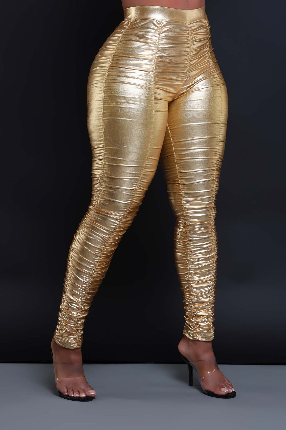 
              Be Honest Ruched High Waist Pants - Gold Metallic Leggings - Swank A Posh
            