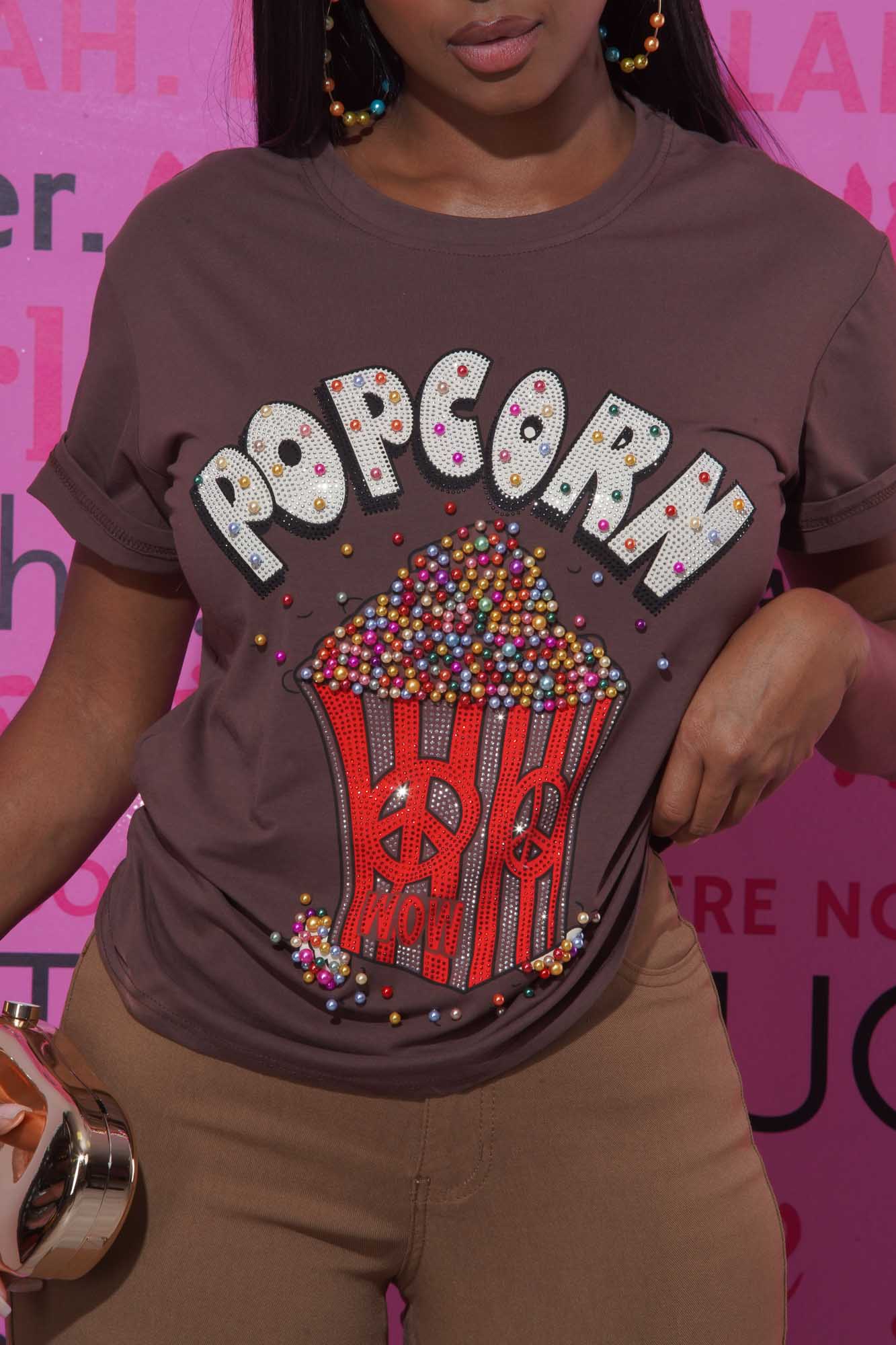 Movie Night Embellished Crewneck T-Shirt - Brown