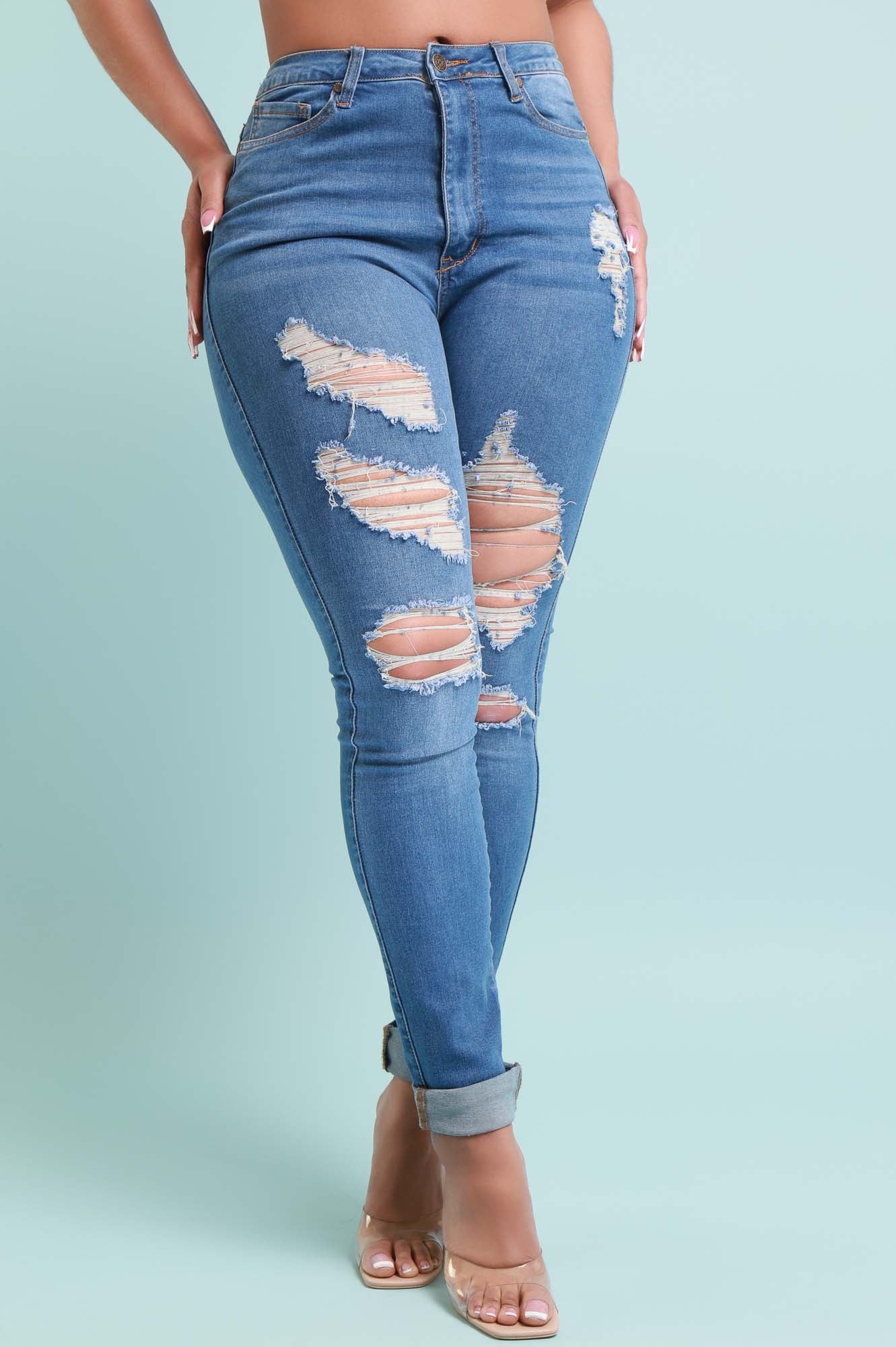 Don't Blame Me High Rise Distressed Hourglass Stretchy Jeans - Medium Wash - Swank A Posh