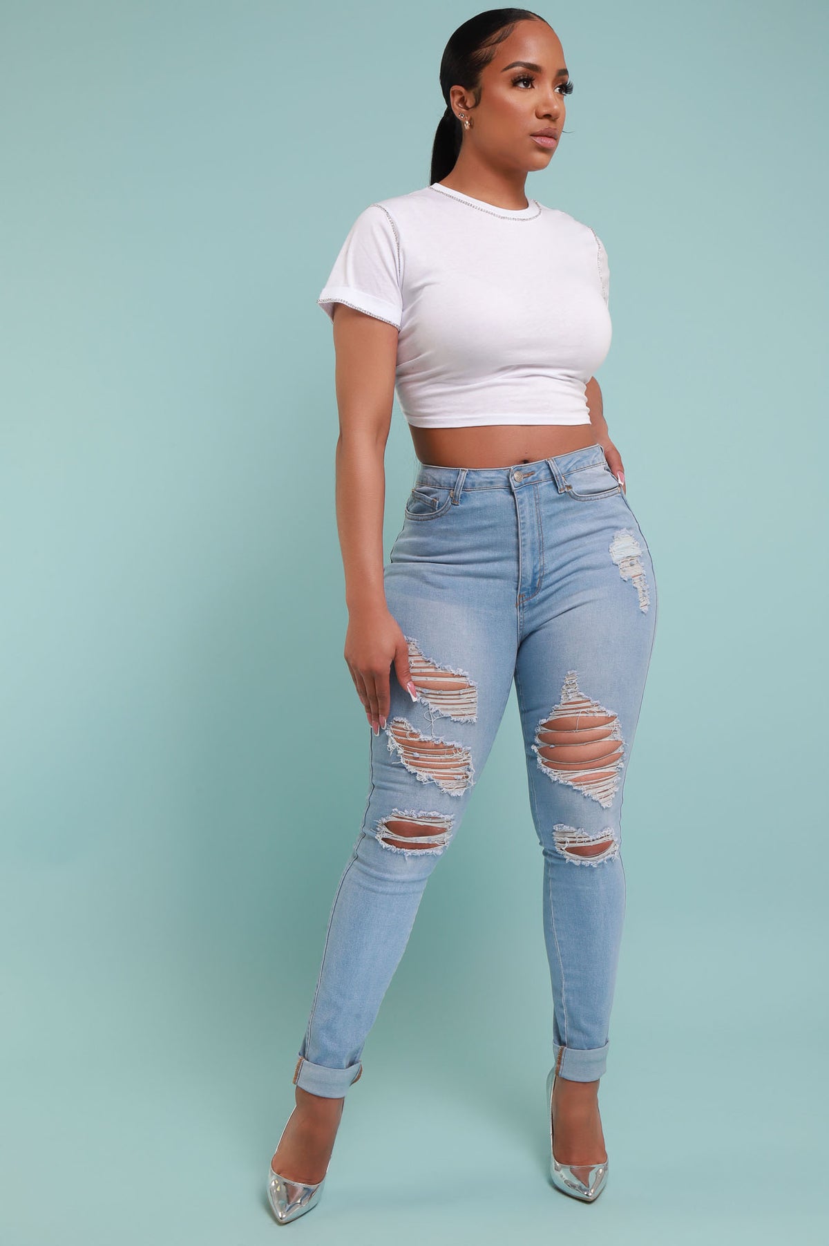 
              Don&#39;t Blame Me High Rise Distressed Hourglass Stretchy Jeans - Light Wash - Swank A Posh
            