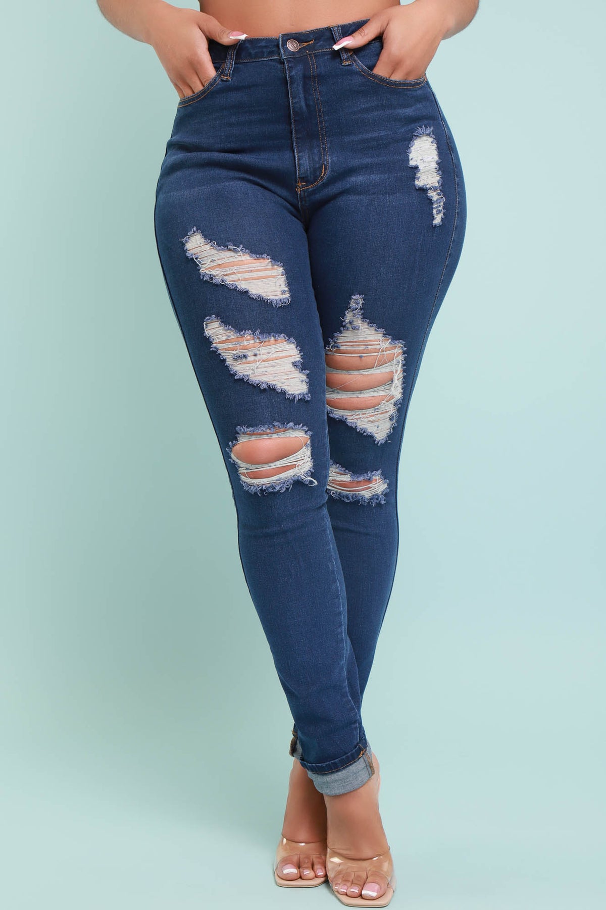 
              Don&#39;t Blame Me High Rise Distressed Hourglass Stretchy Jeans - Dark Wash - Swank A Posh
            