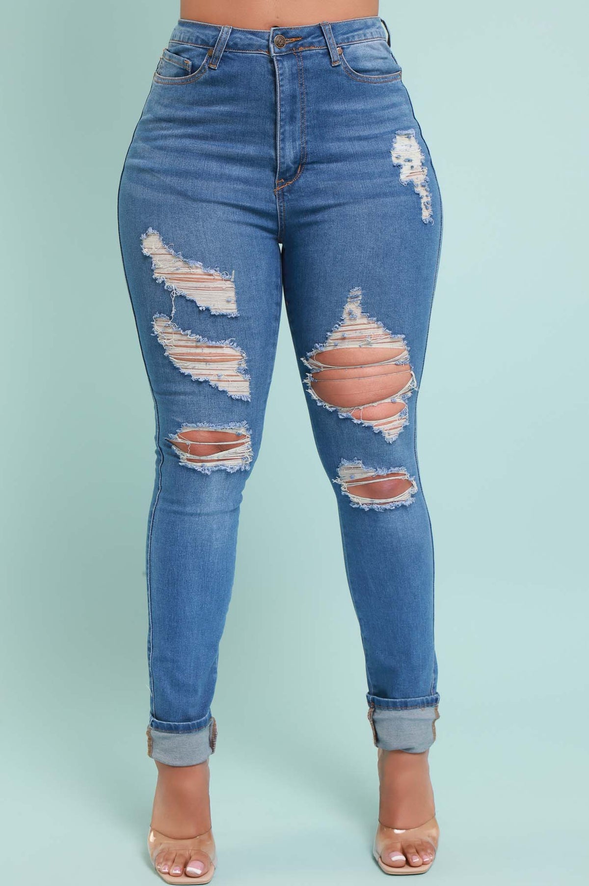 
              Don&#39;t Blame Me High Rise Distressed Stretchy Jeans - Medium Wash - Swank A Posh
            