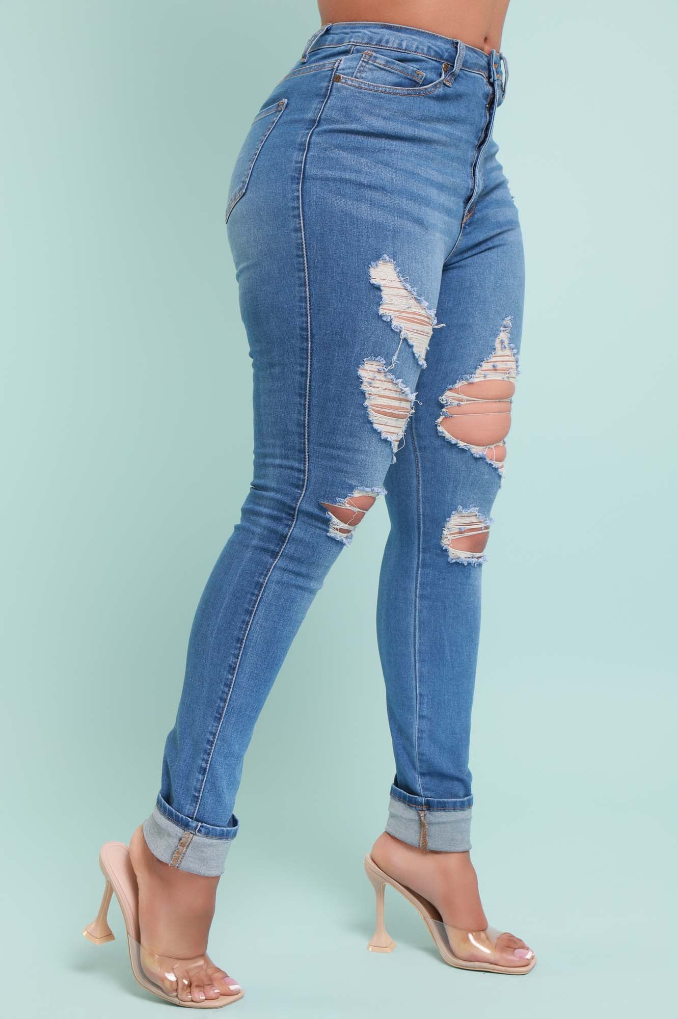 Don't Blame Me High Rise Distressed Hourglass Stretchy Jeans - Medium Wash - Swank A Posh