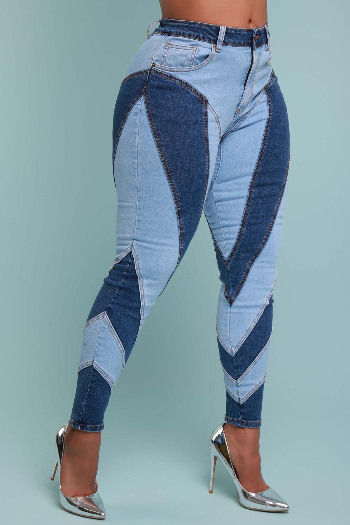 
              Two Faced Patchwork Skinny Jeans - Blue/Light Blue - Swank A Posh
            