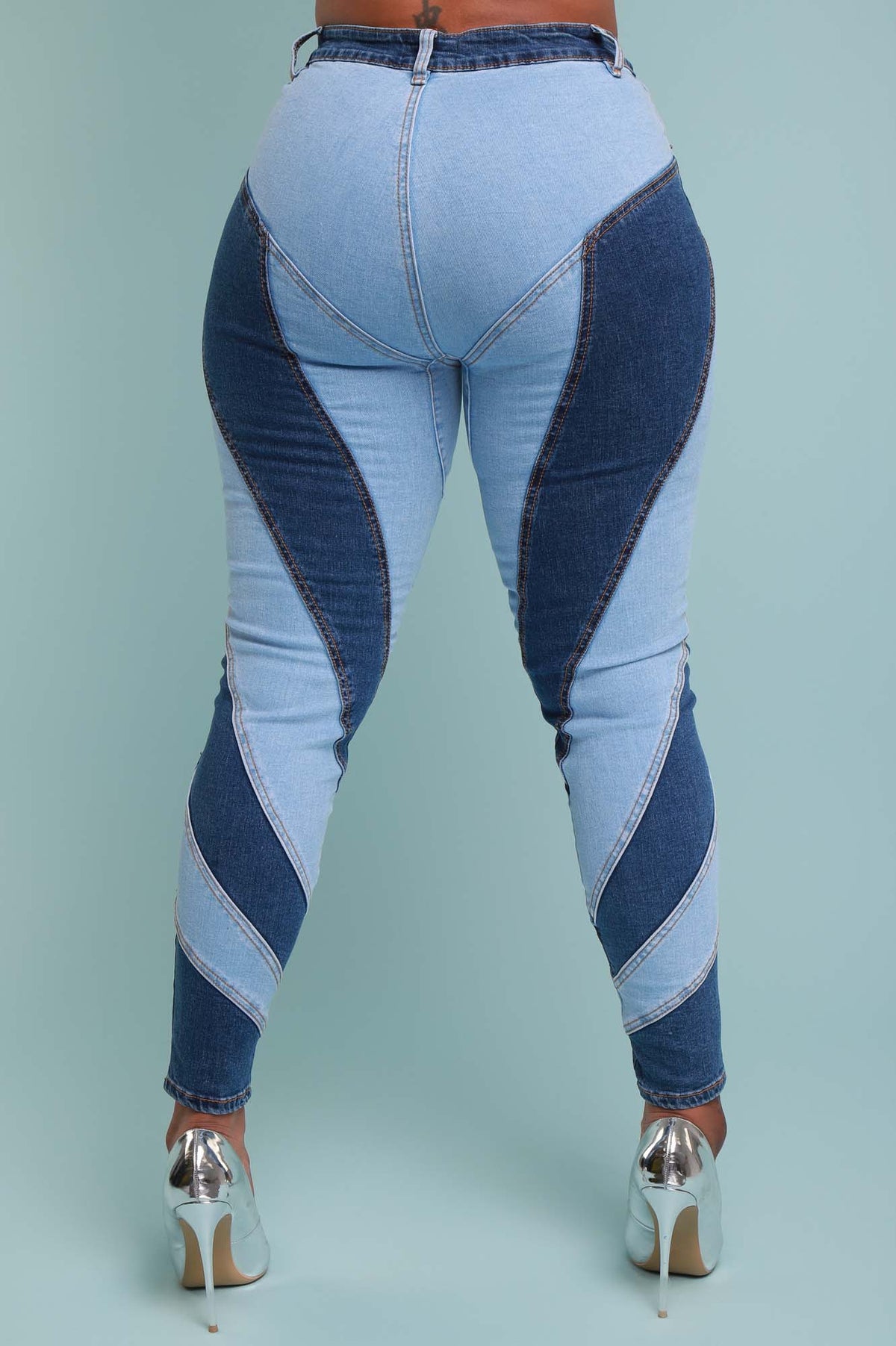 
              Two Faced Patchwork Skinny Jeans - Blue/Light Blue - Swank A Posh
            