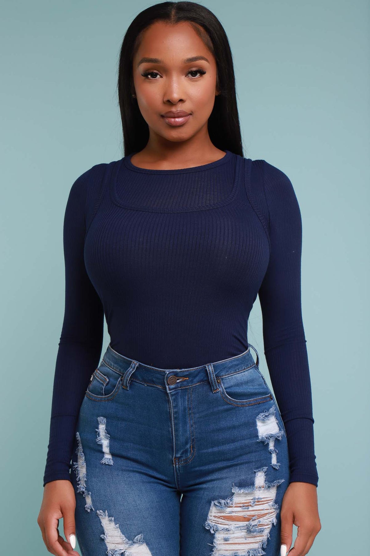 
              All Too Well Ribbed Double Layer Top - Navy Blue - Swank A Posh
            