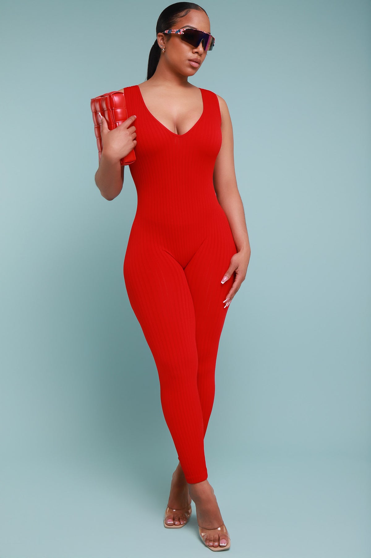
              Iconic Sleeveless V-Neck Seamless Ribbed Jumpsuit - Red - Swank A Posh
            