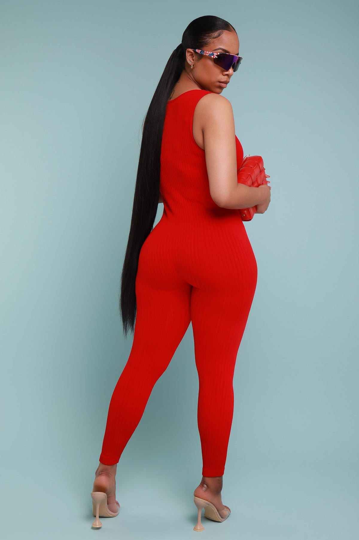 
              Iconic Sleeveless V-Neck Seamless Ribbed Jumpsuit - Red - Swank A Posh
            