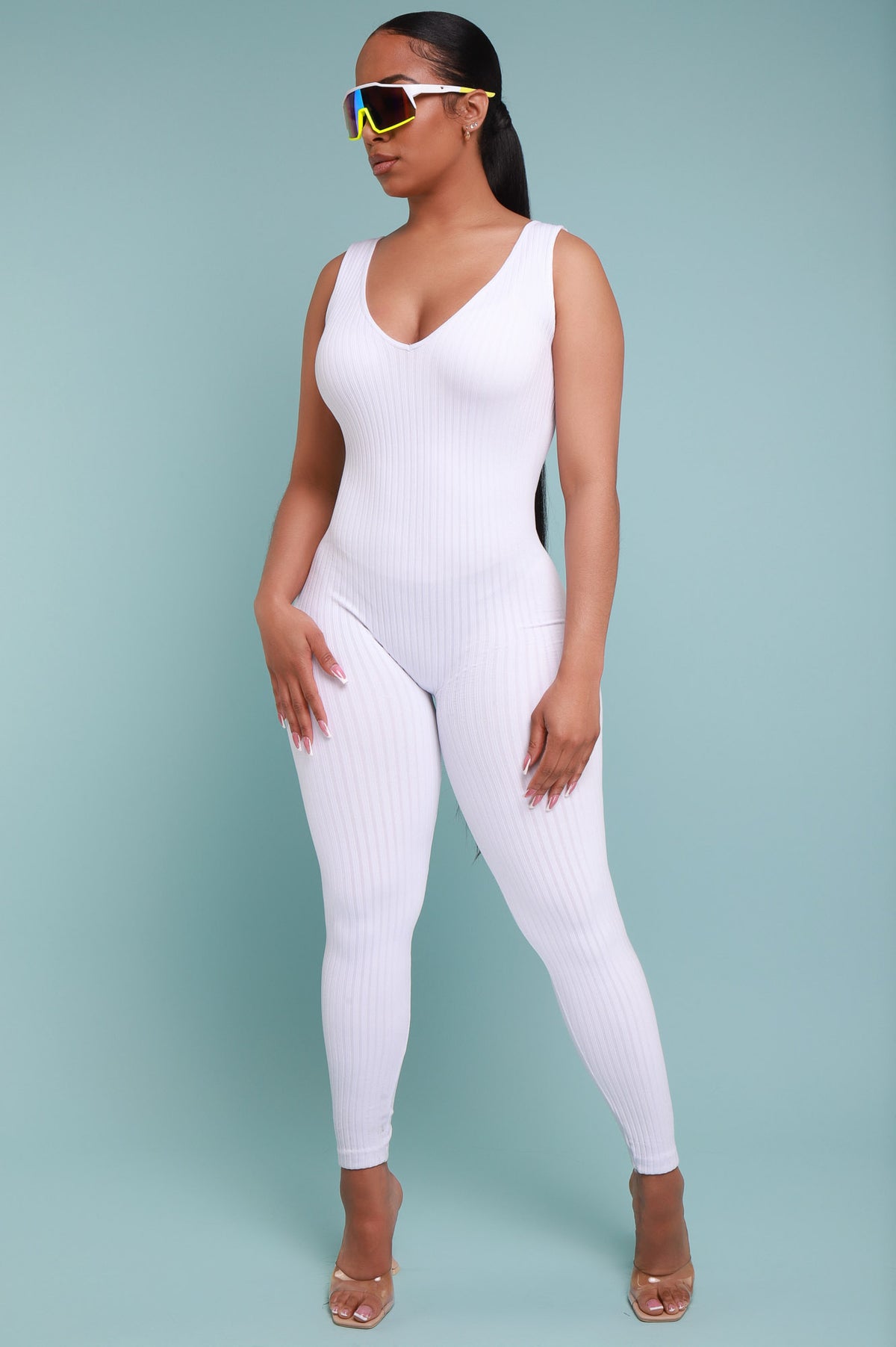
              Iconic Sleeveless V-Neck Seamless Ribbed Jumpsuit - White - Swank A Posh
            