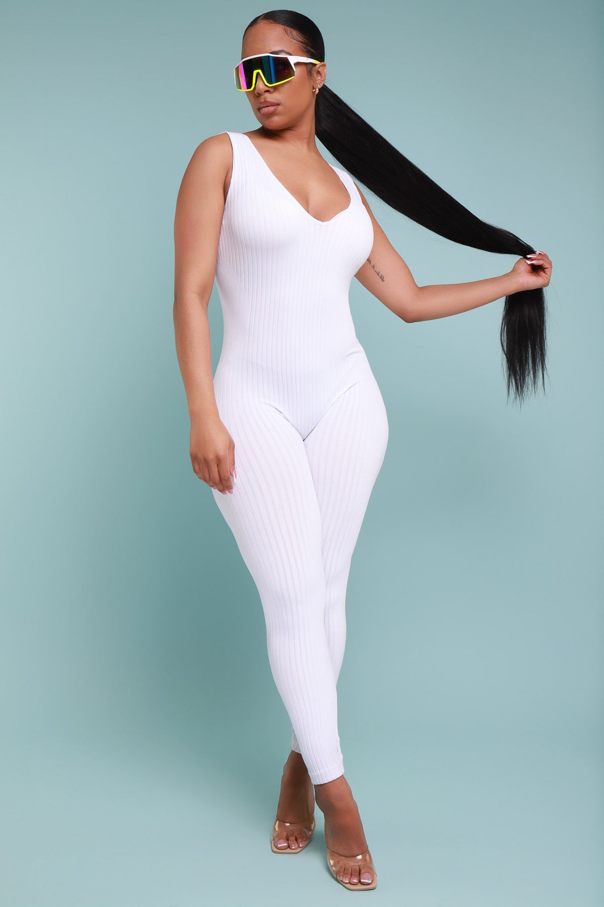 
              Iconic Sleeveless V-Neck Seamless Ribbed Jumpsuit - White - Swank A Posh
            