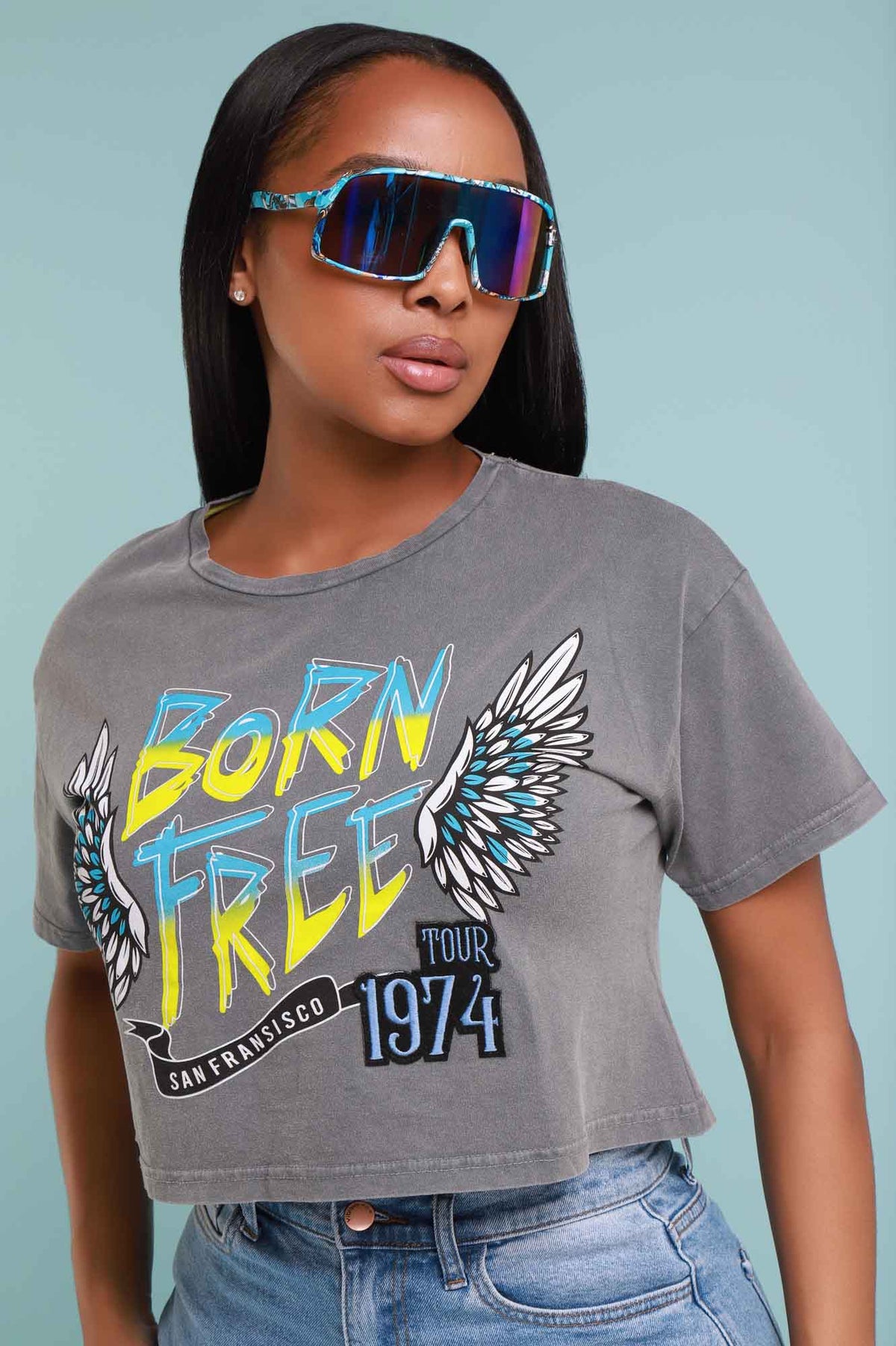 
              Born Free Cropped Graphic T-Shirt - Grey/Blue - Swank A Posh
            