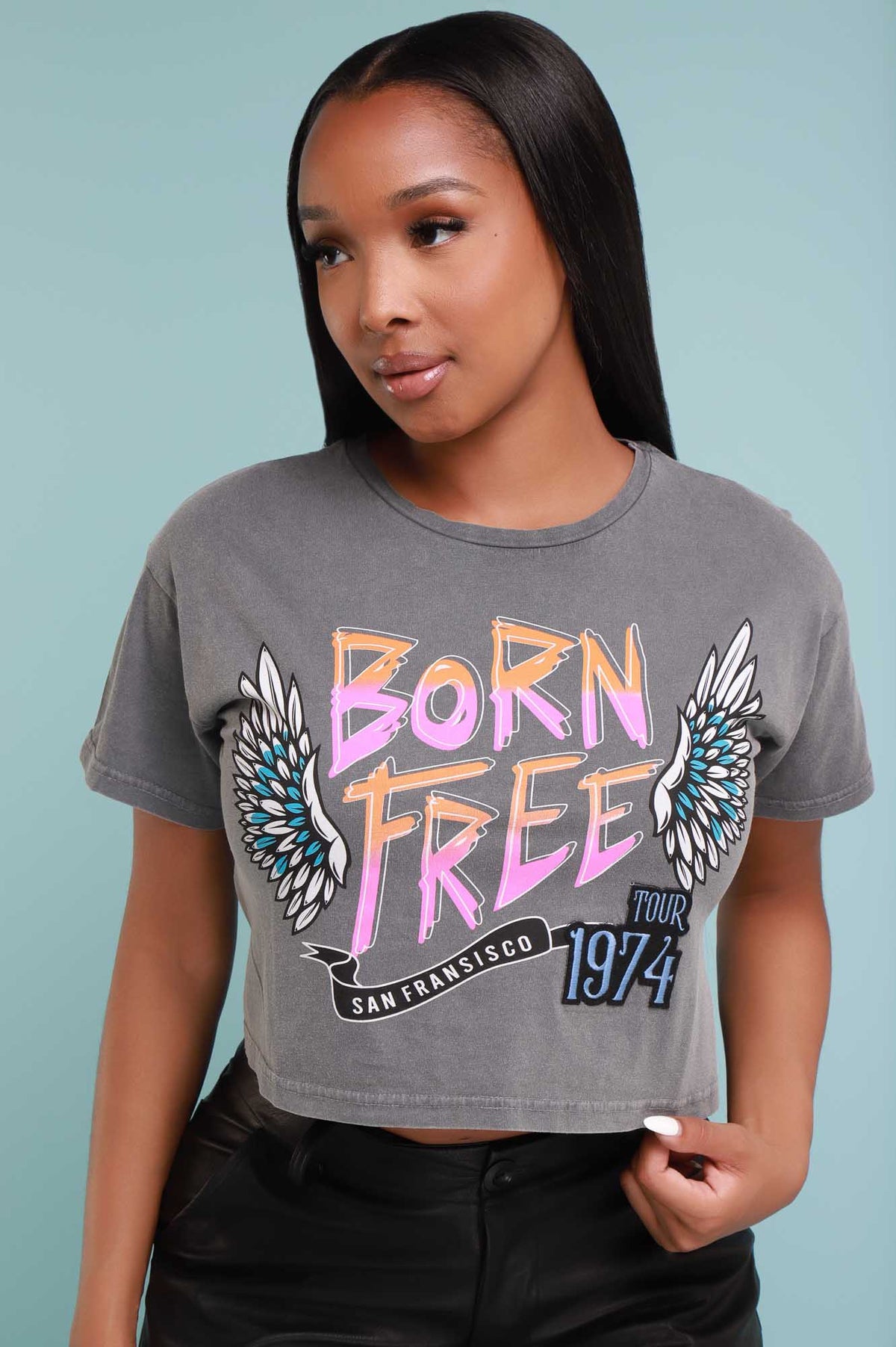 
              Born Free Cropped Graphic T-Shirt - Grey/Pink - Swank A Posh
            