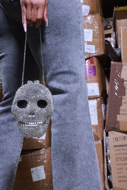 Iconic Rhinestone Skull Clutch Purse - Silver