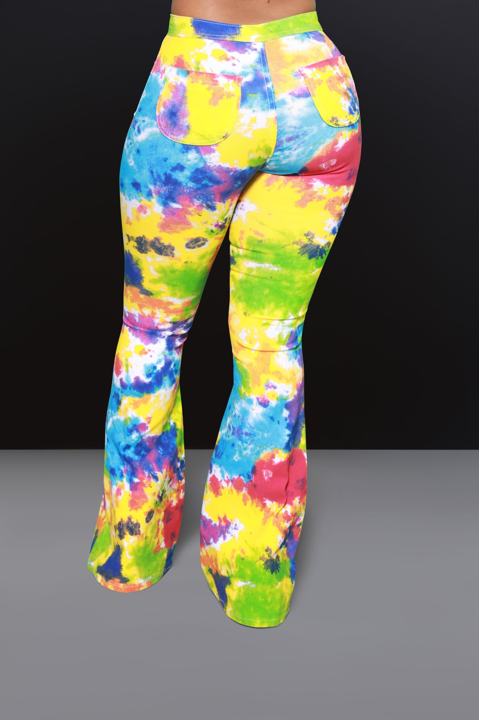 Emotion Tie Dye High Rise Flare Stretchy Jeans - Rainbow - Swank A Posh