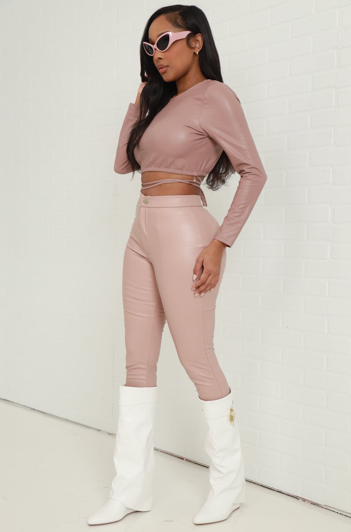
              Dial Tone Faux Leather Tie Up Crop Top - Dark Blush - Swank A Posh
            