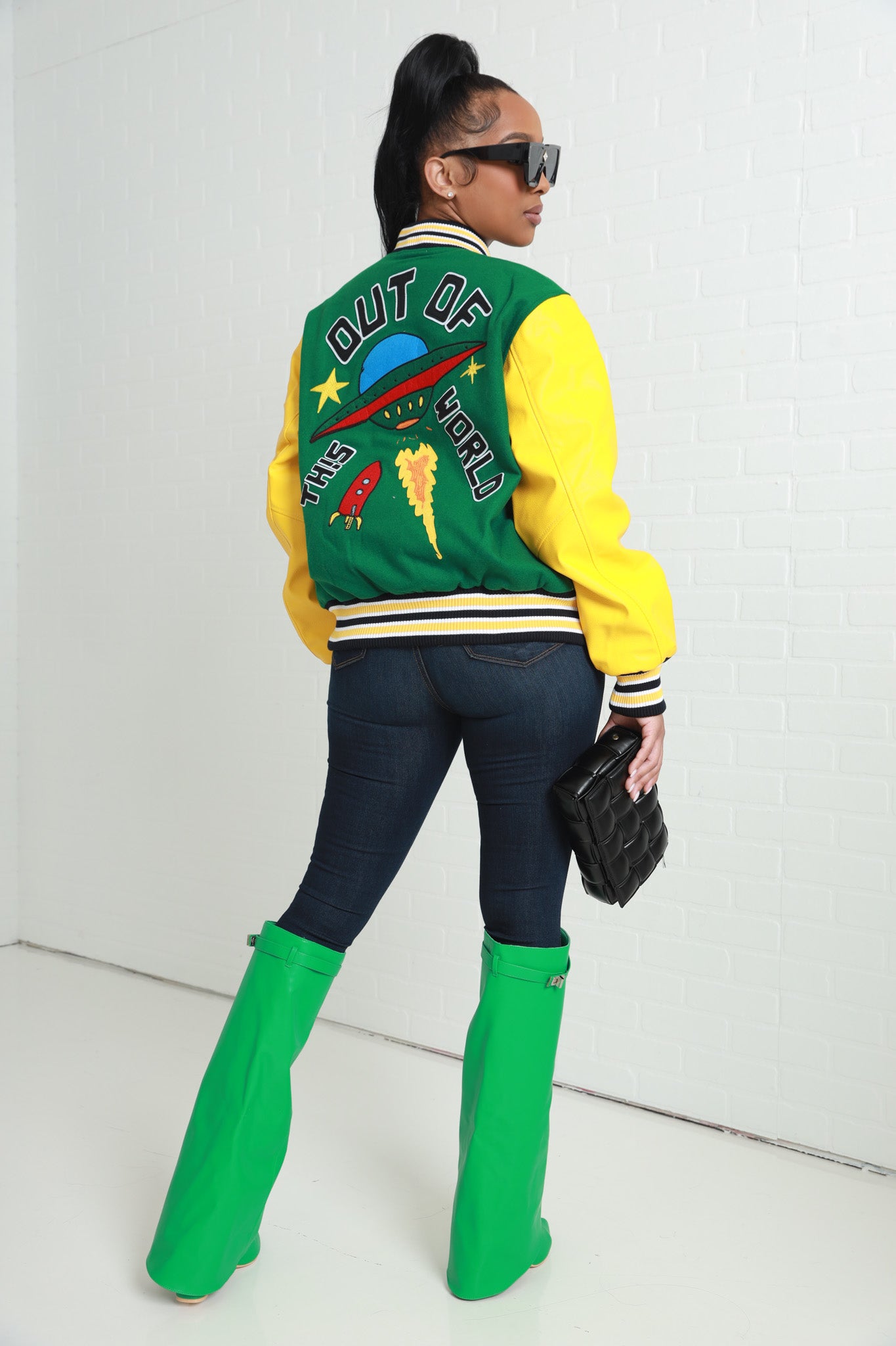 Secret Mission Faux Leather Varsity Jacket - Green/Yellow - Swank A Posh