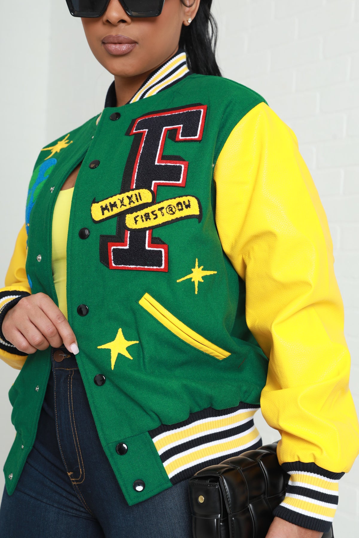
              Secret Mission Faux Leather Varsity Jacket - Green/Yellow - Swank A Posh
            
