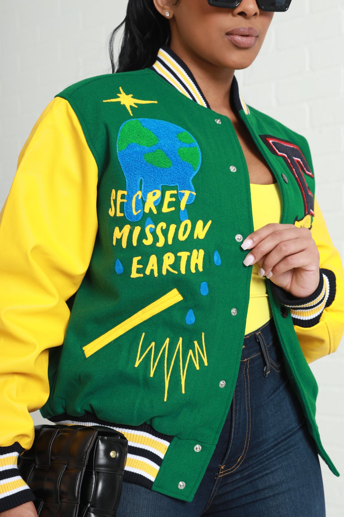 
              Secret Mission Faux Leather Varsity Jacket - Green/Yellow - Swank A Posh
            