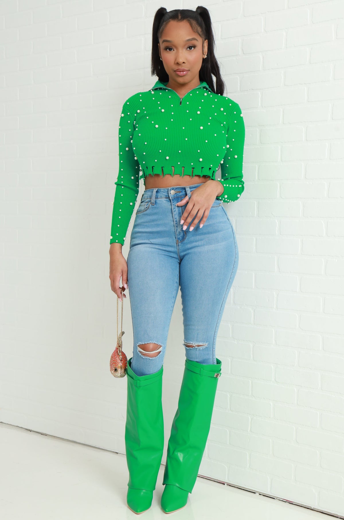 
              Miss Perfect Pearl Embellished Knit Sweater - Green - Swank A Posh
            
